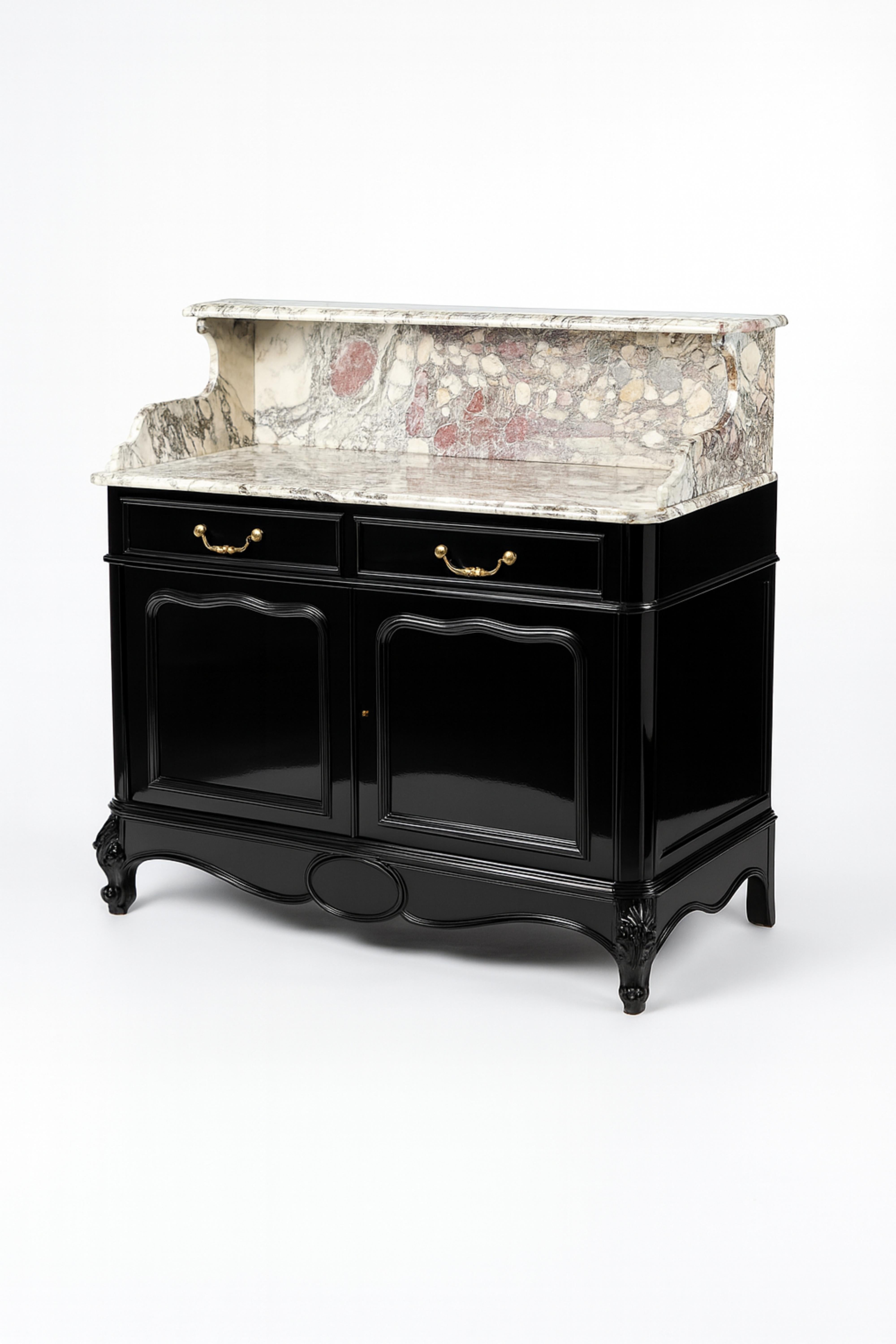 Ottone Credenza Buffet Louis Philippe in lacca nera con piano in marmo, XIX secolo in vendita