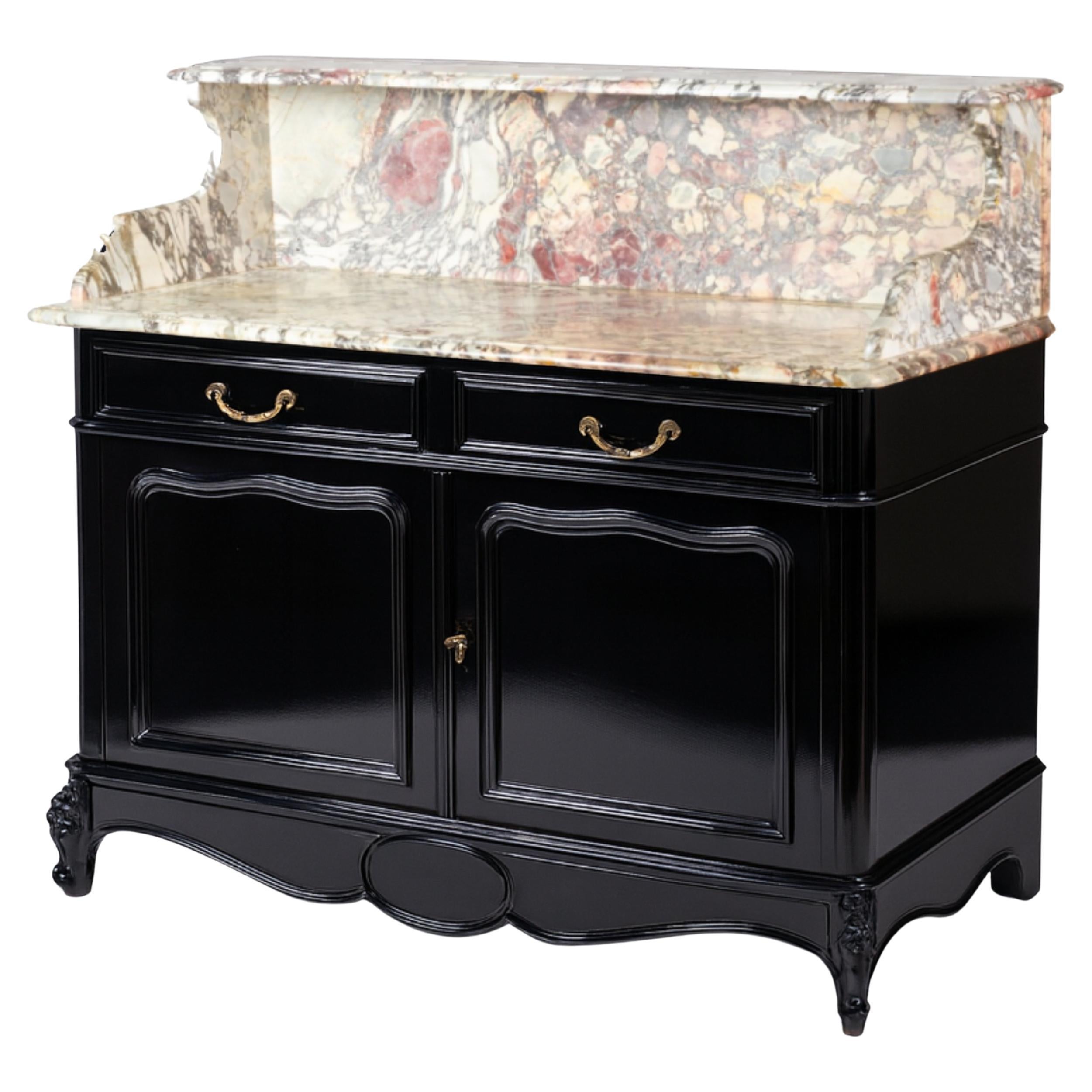 Louis Philippe Black Lacquer Marble Top Buffet Credenza Sideboard, 19th Century
