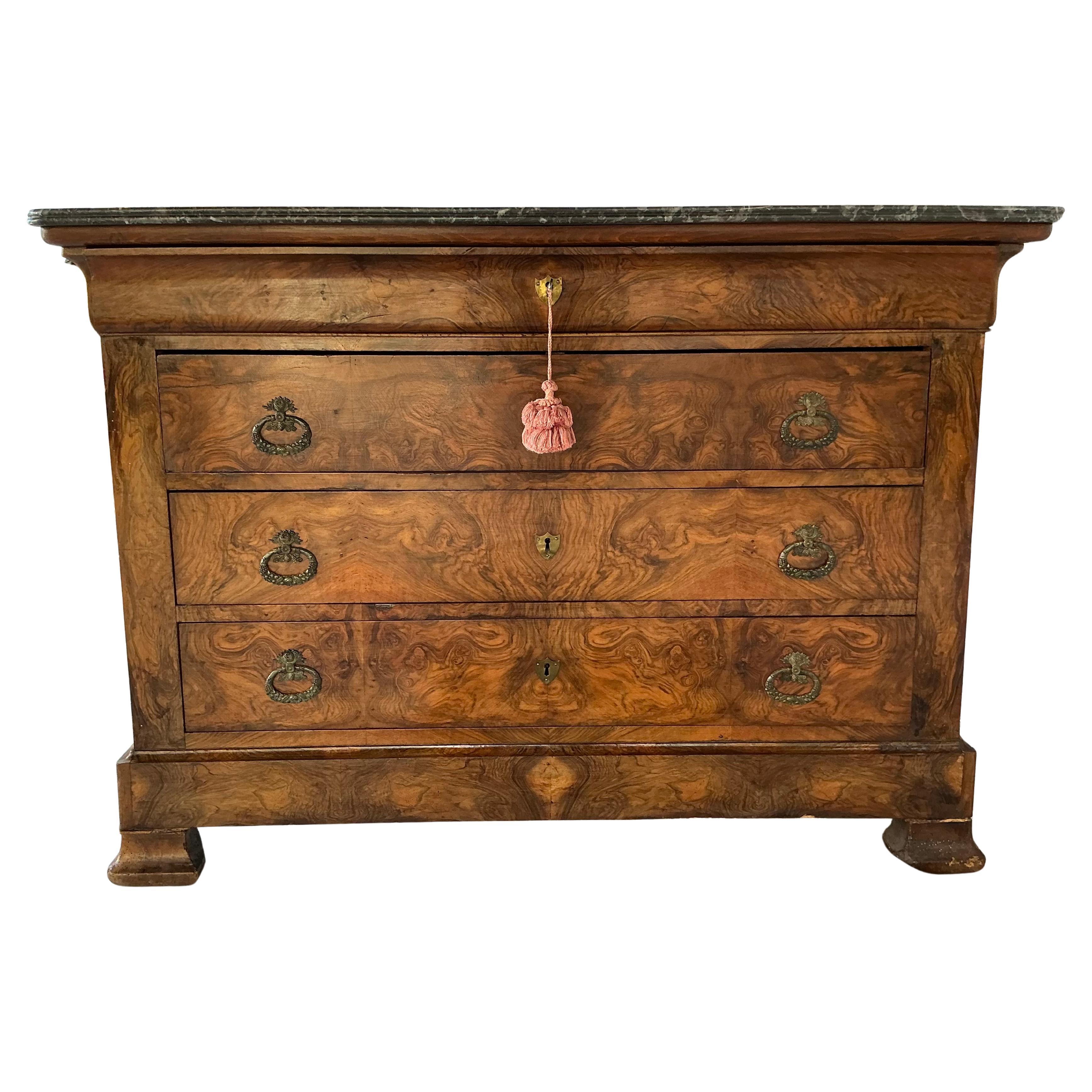 Cassapanca in radica di noce Louis Philippe con marmo in vendita 6