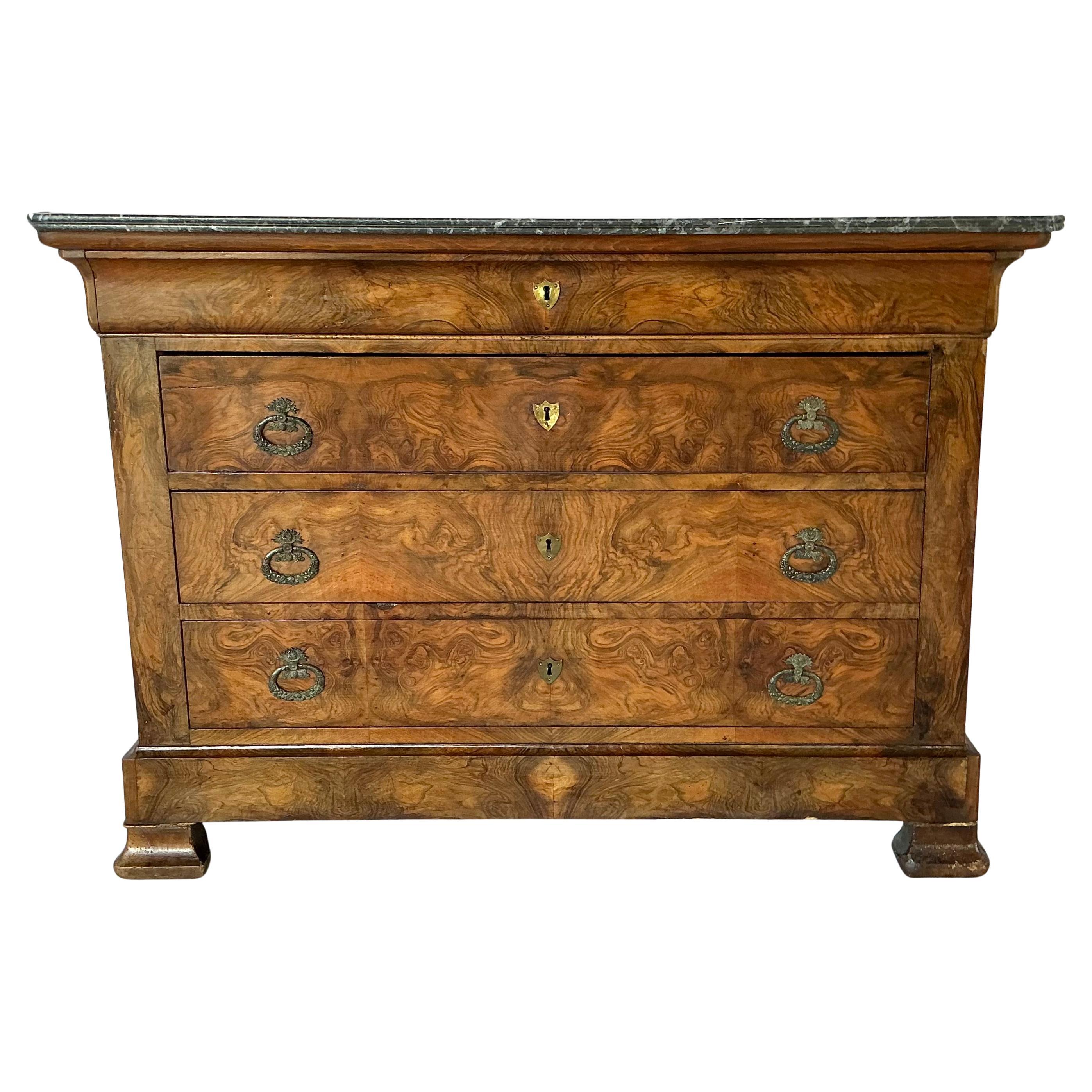 Louis Philippe Book Matched Burl Walnut Chest with Marble