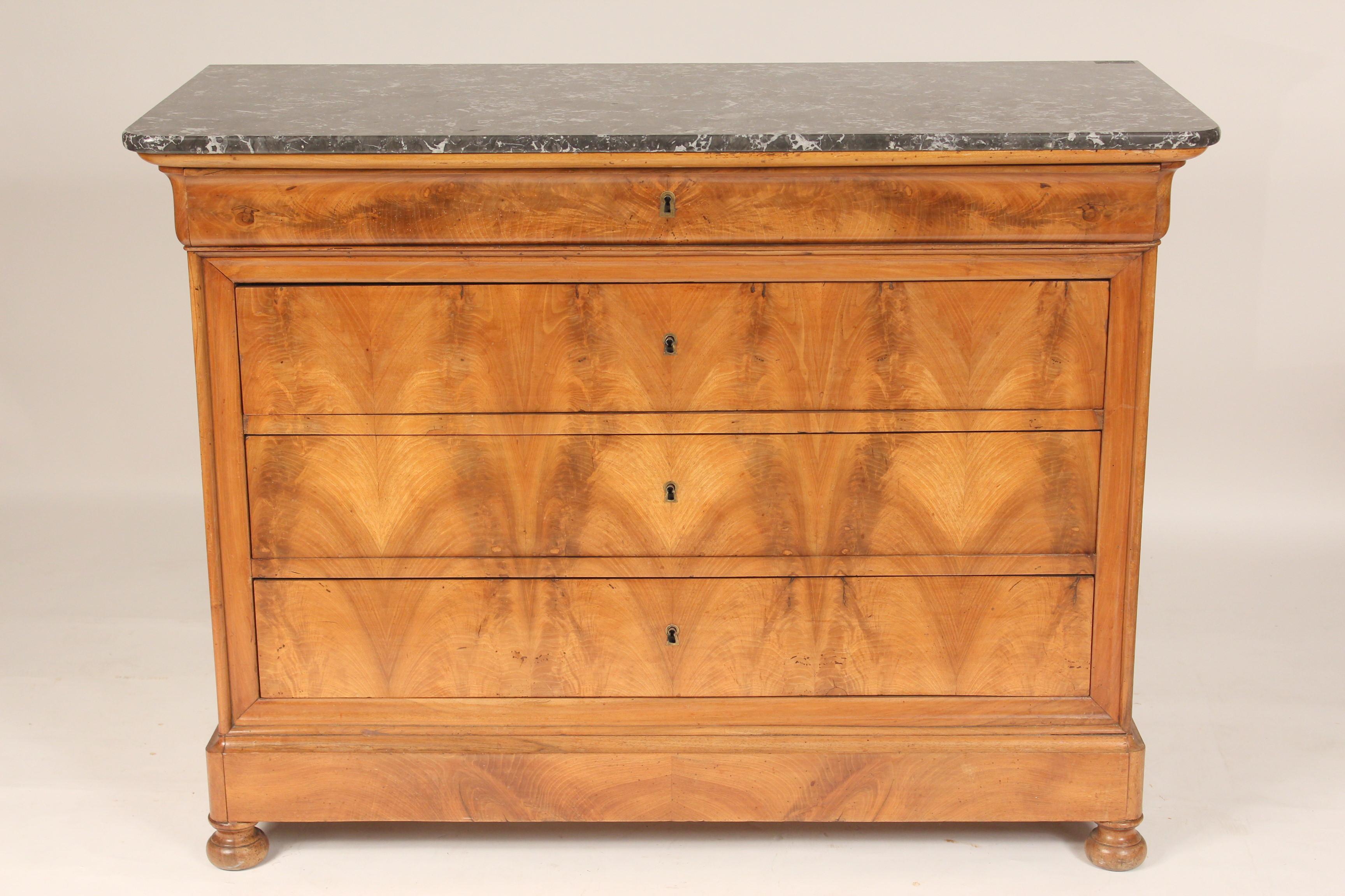 Louis Philippe burl walnut chest of drawers with marble top, circa 1840. With original marble top, exquisite burl walnut used on front drawers and hand dove tailed drawer construction.