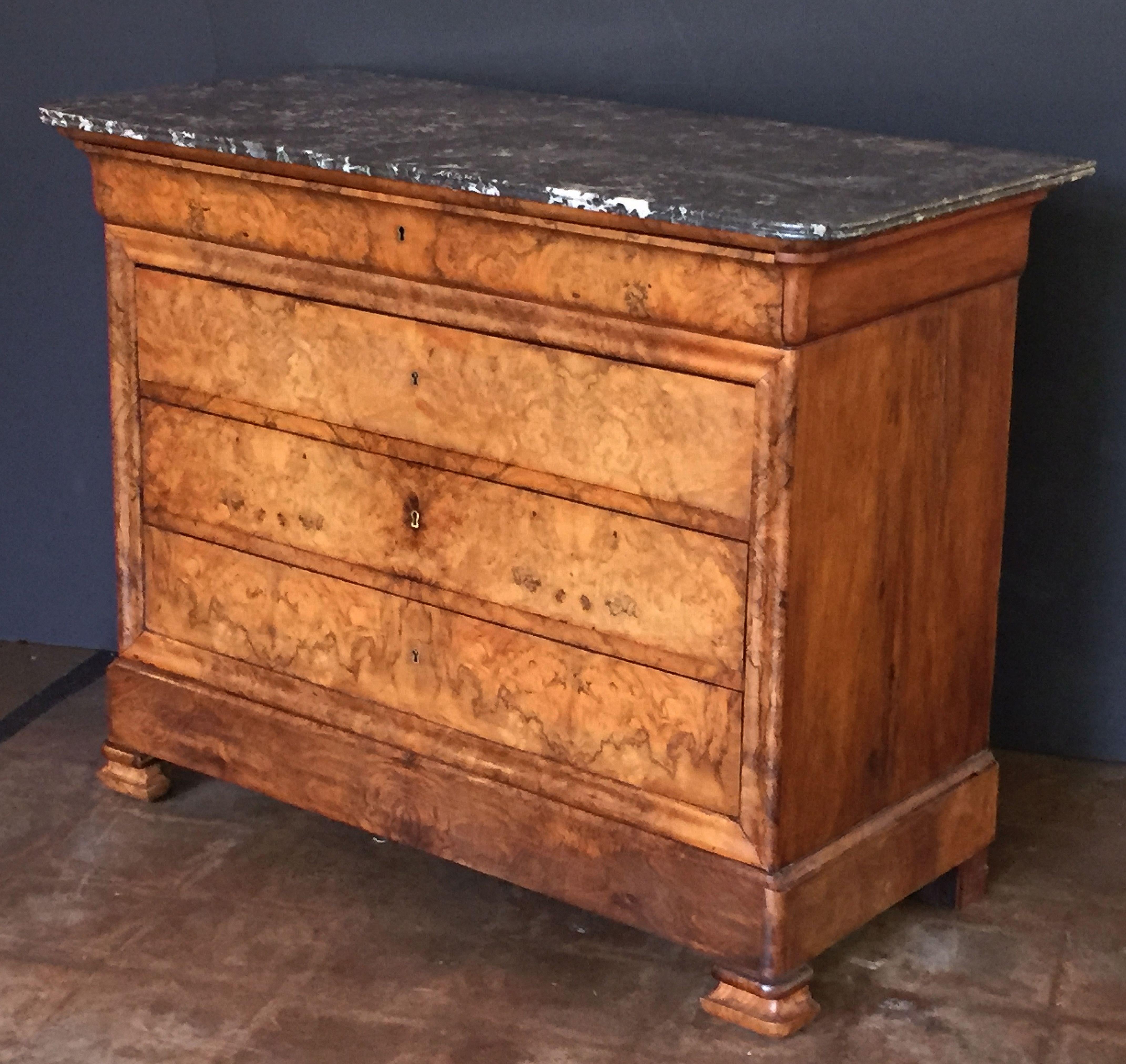 French Louis Philippe Burr Walnut Chest or Commode with Marble Top