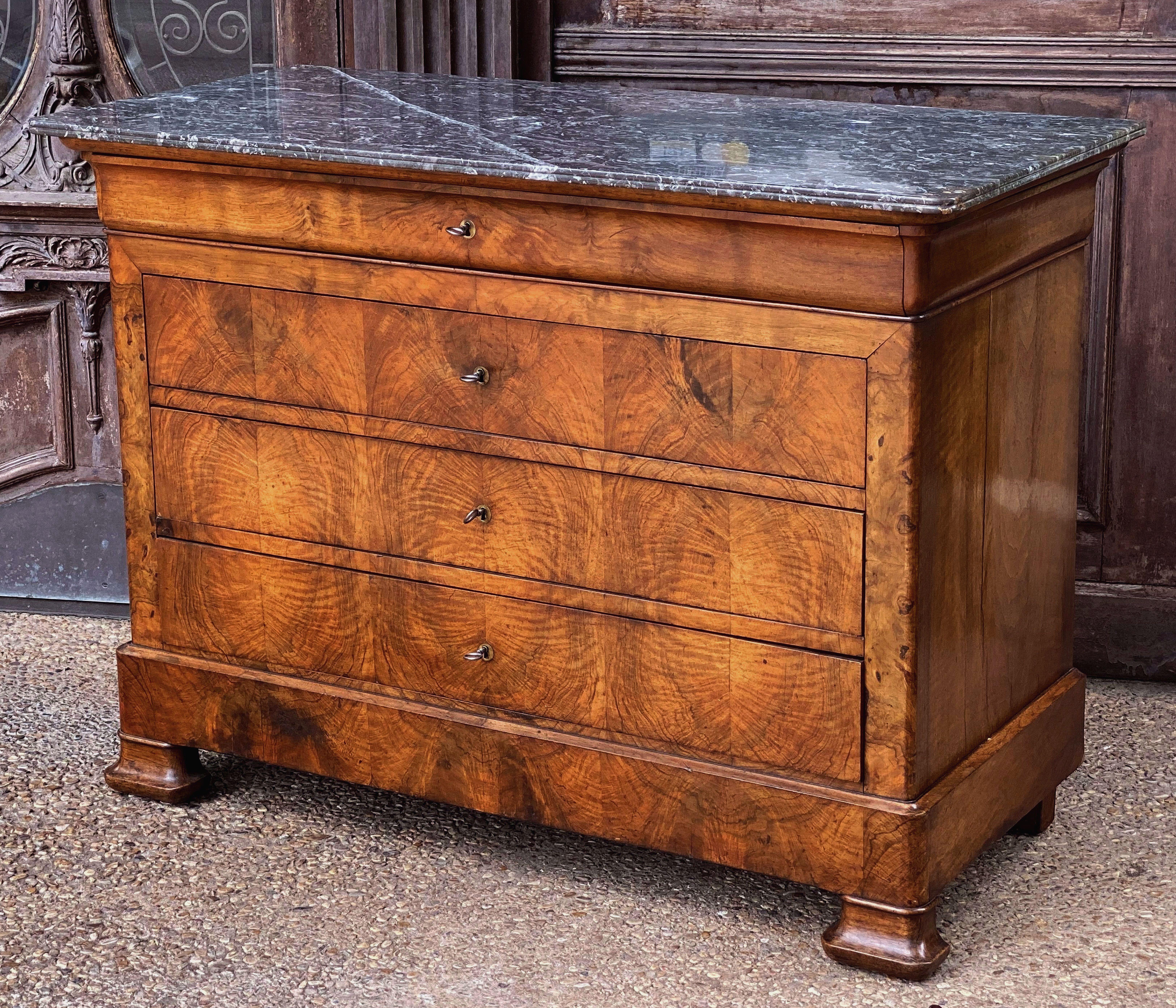 French Louis Philippe Burr Walnut Chest or Commode with Marble Top