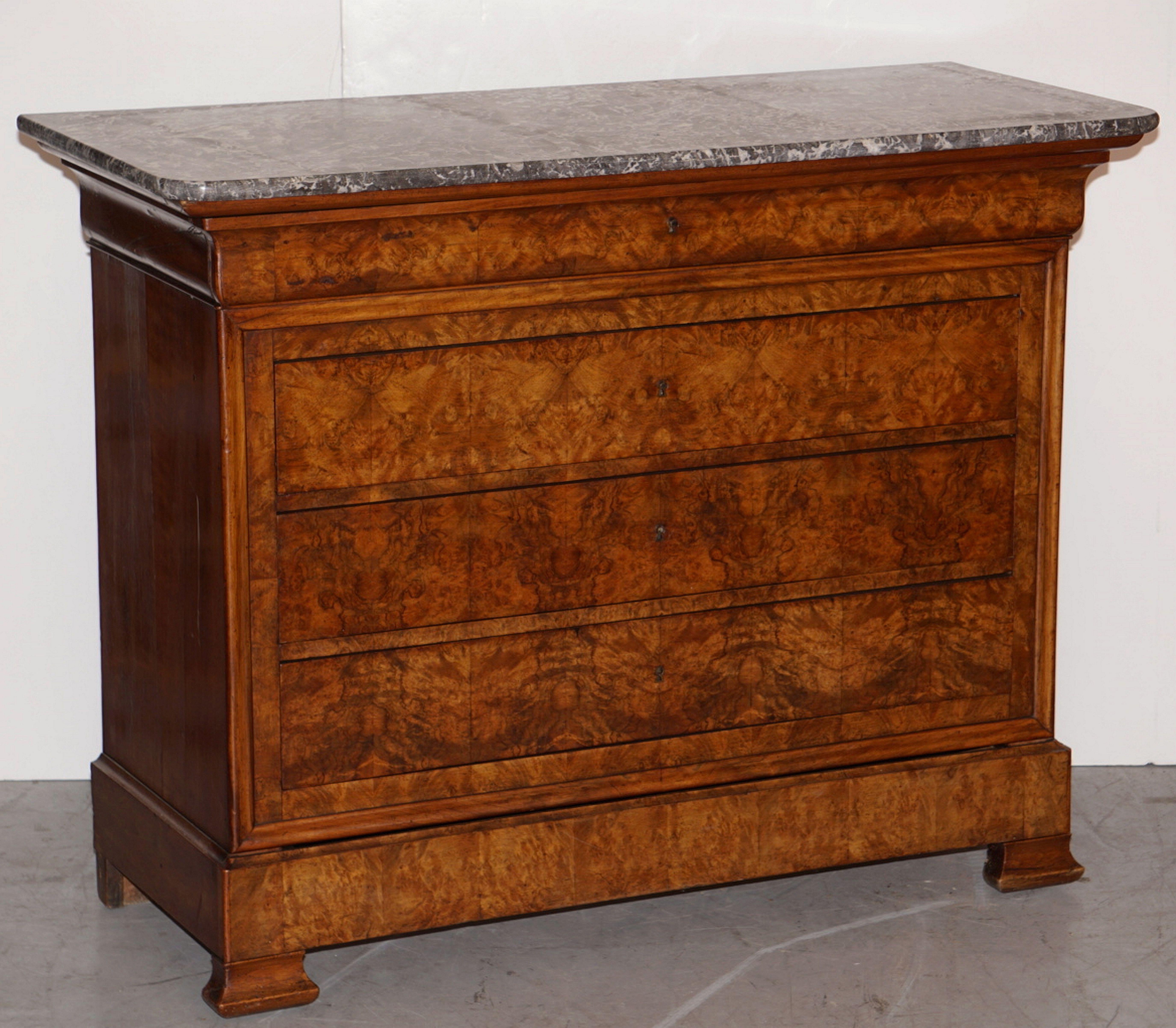 French Louis Philippe Burr Walnut Chest or Commode with Marble Top