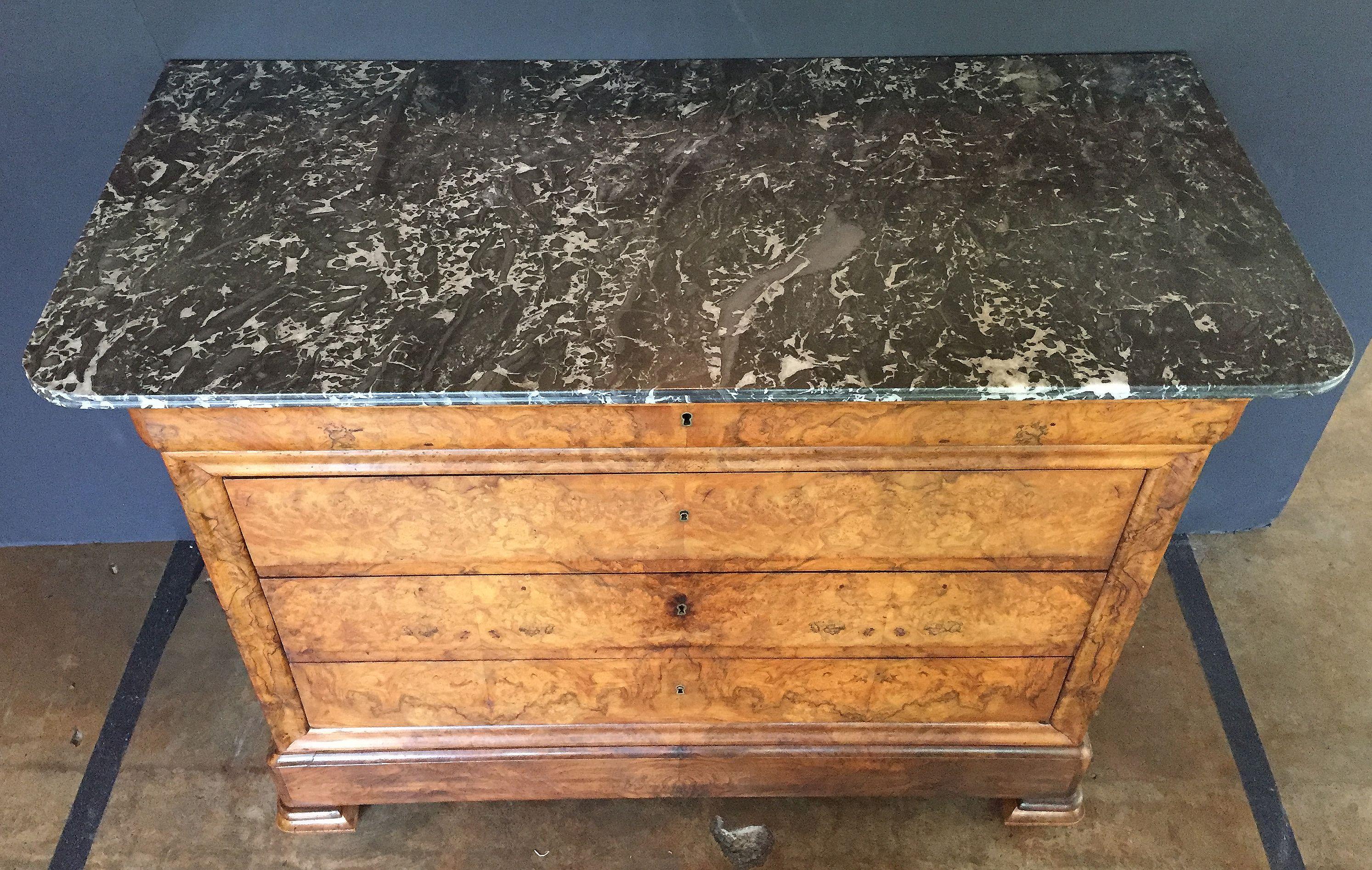 Louis Philippe Burr Walnut Chest or Commode with Marble Top In Excellent Condition In Austin, TX
