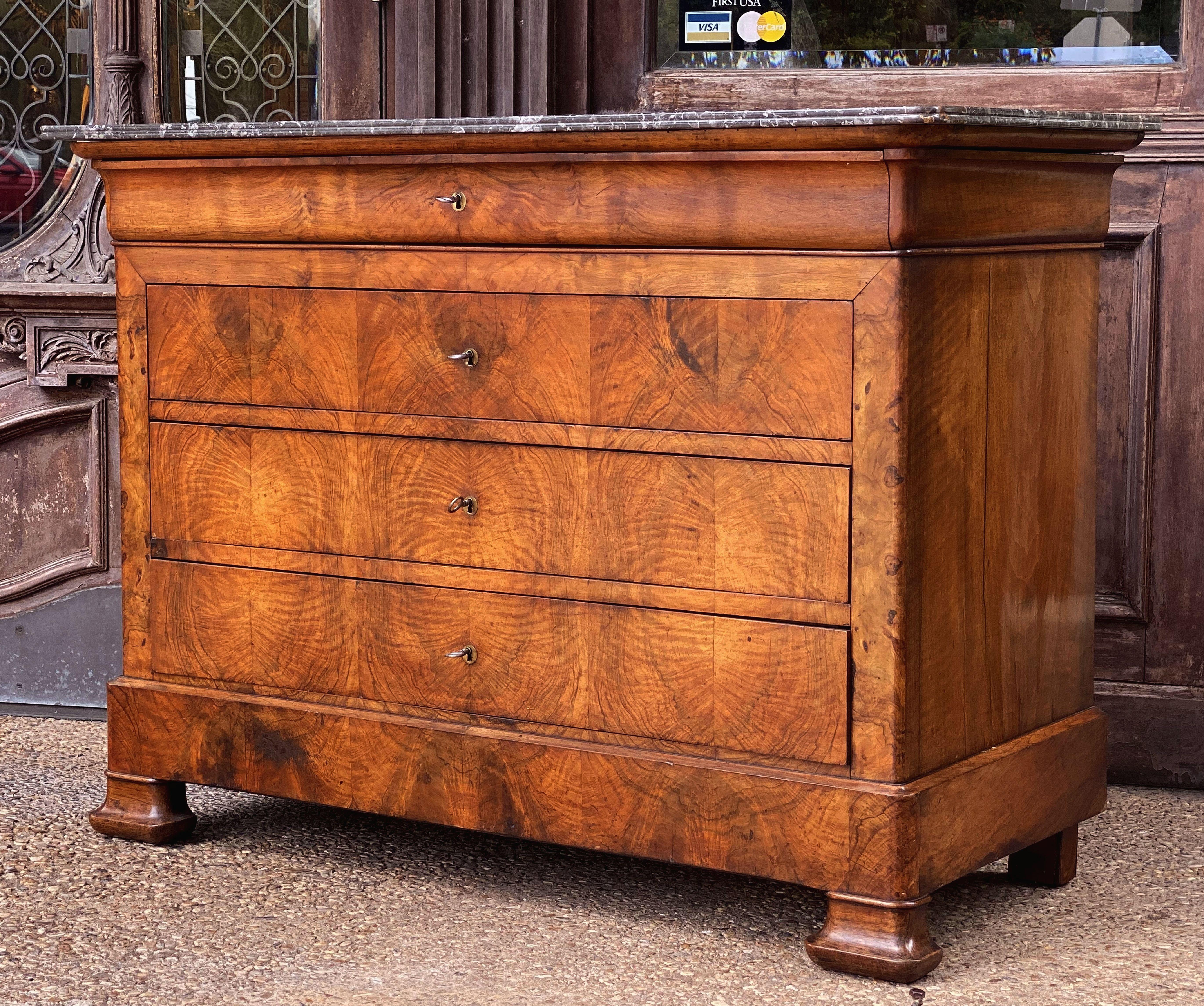 Louis Philippe Burr Walnut Chest or Commode with Marble Top In Good Condition In Austin, TX