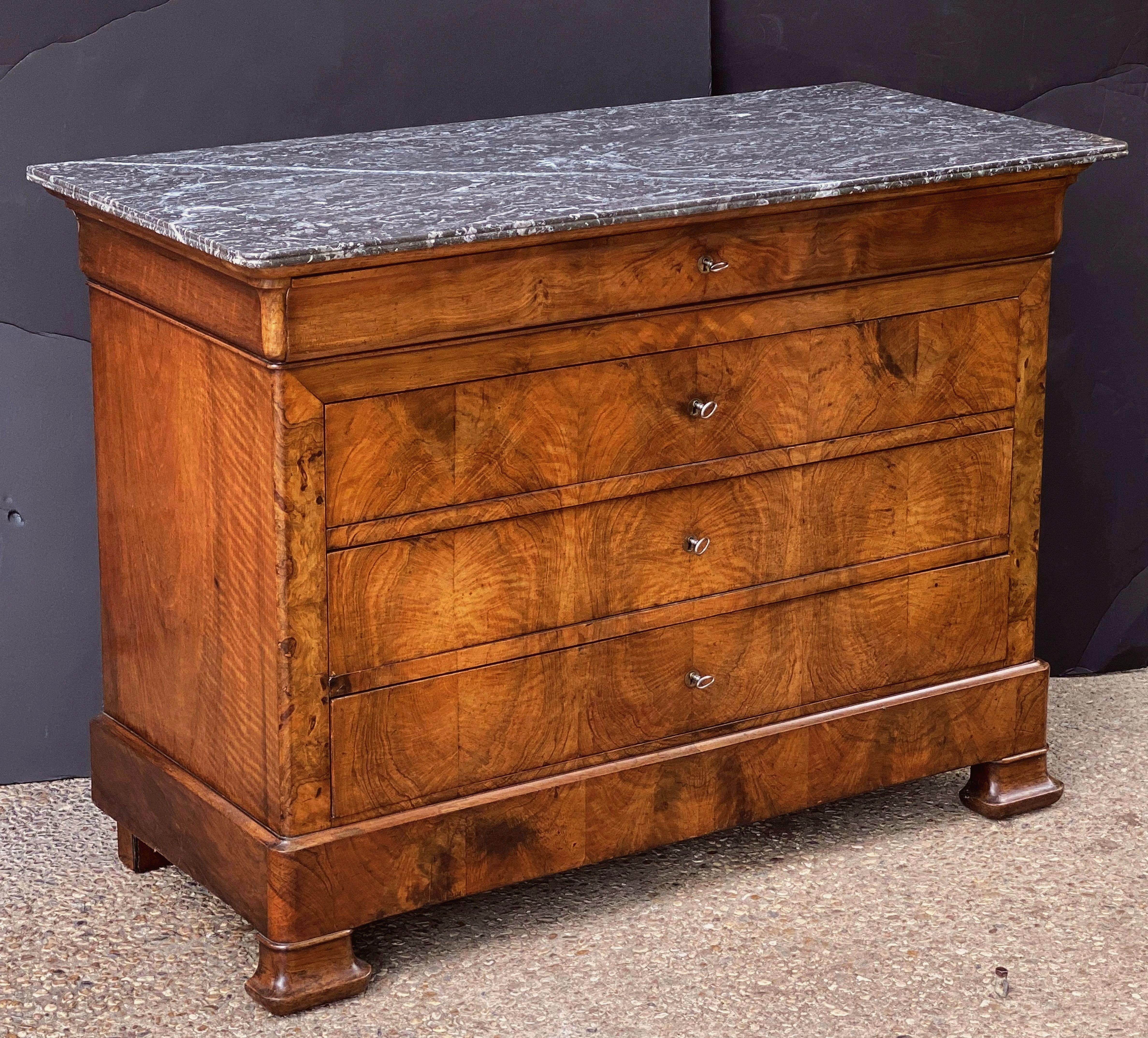 19th Century Louis Philippe Burr Walnut Chest or Commode with Marble Top