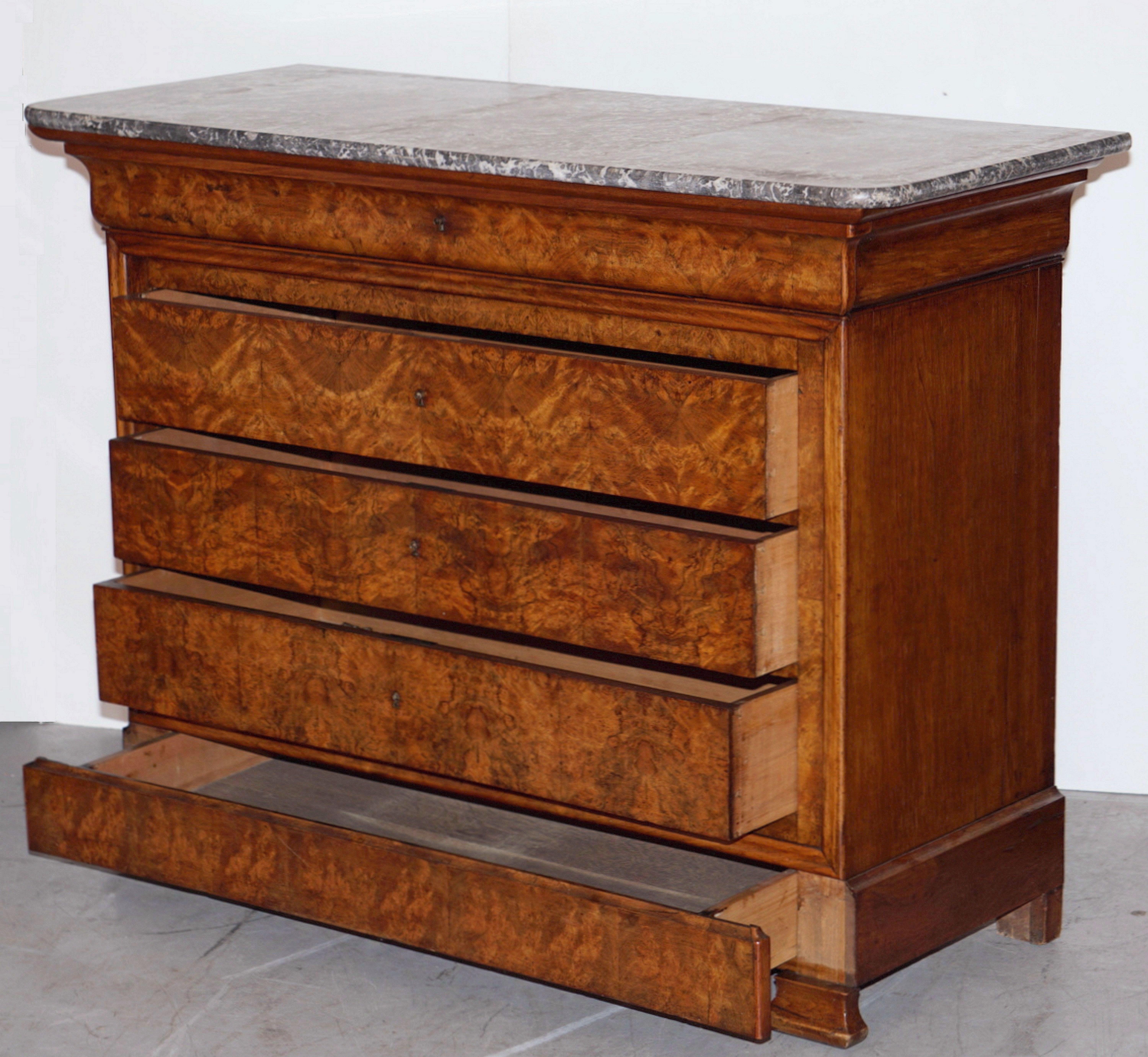 19th Century Louis Philippe Burr Walnut Chest or Commode with Marble Top
