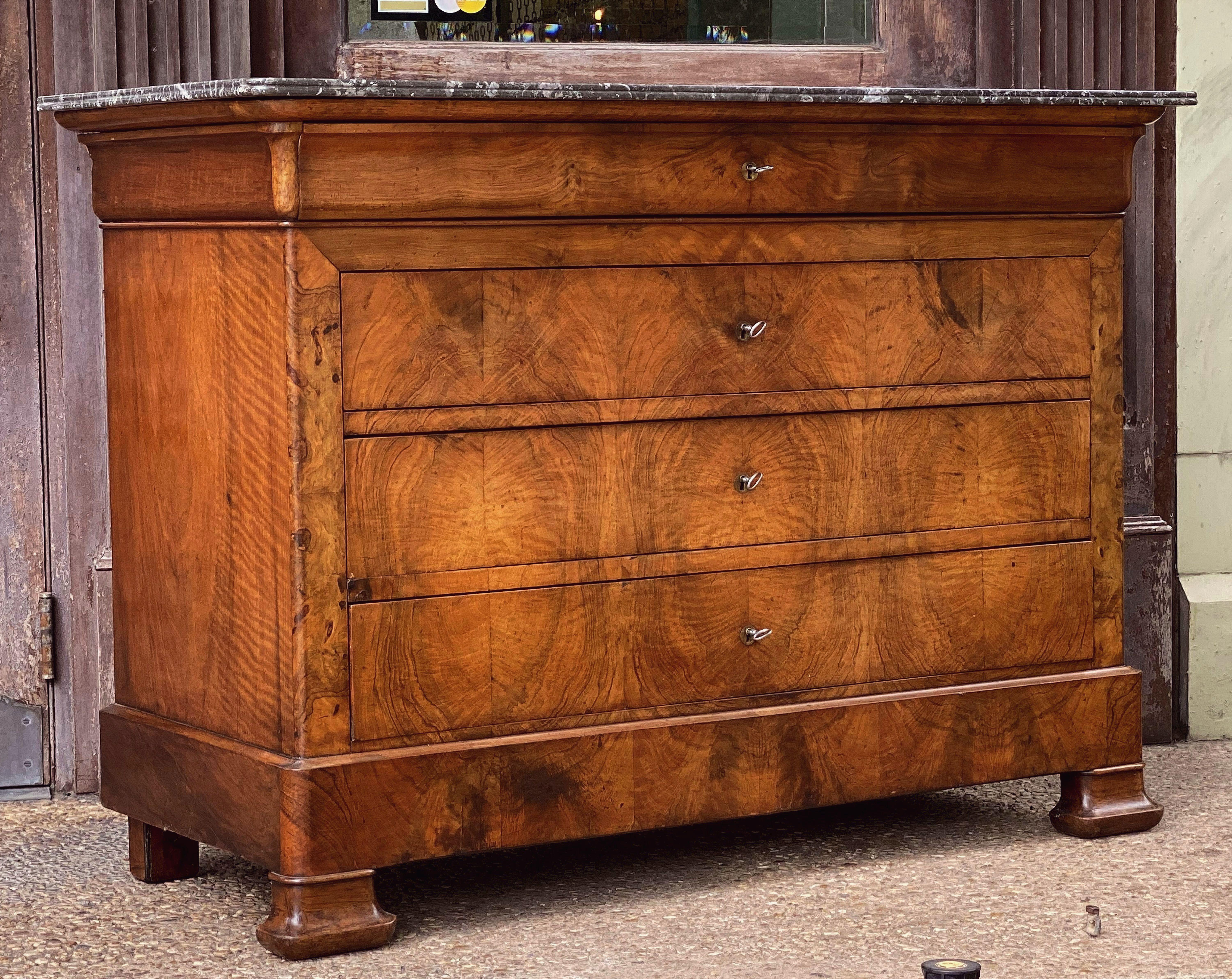 Metal Louis Philippe Burr Walnut Chest or Commode with Marble Top