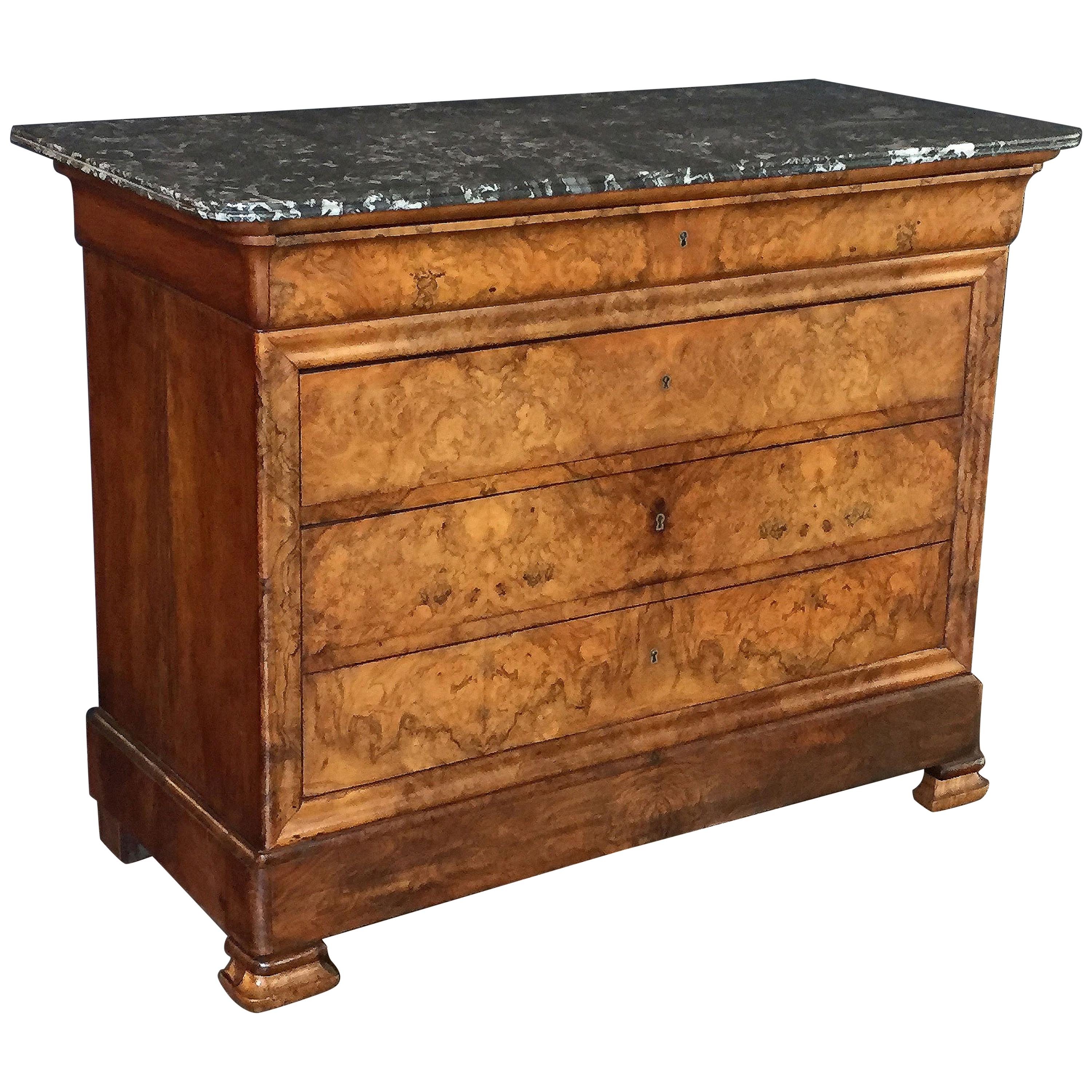 Louis Philippe Burr Walnut Chest or Commode with Marble Top