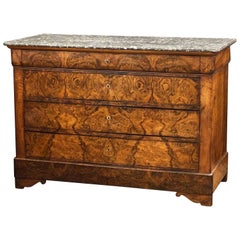 Antique Louis Philippe Burr Walnut Chest or Commode with Marble Top