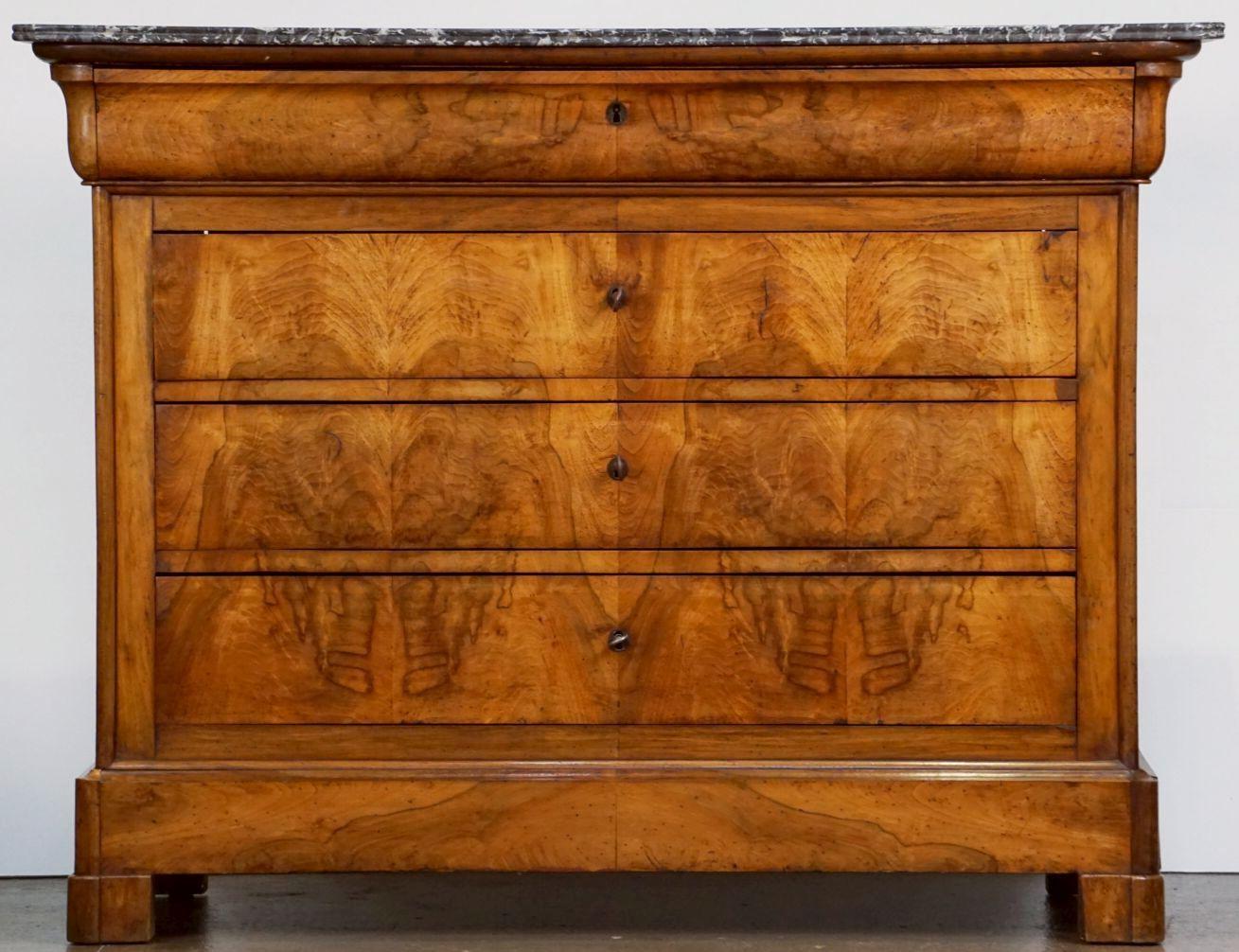 French Louis Philippe Chest or Commode of Burr Walnut with Marble Top from France