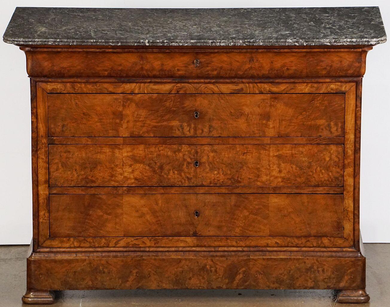 French Louis Philippe Chest or Commode of Burr Walnut with Marble Top from France