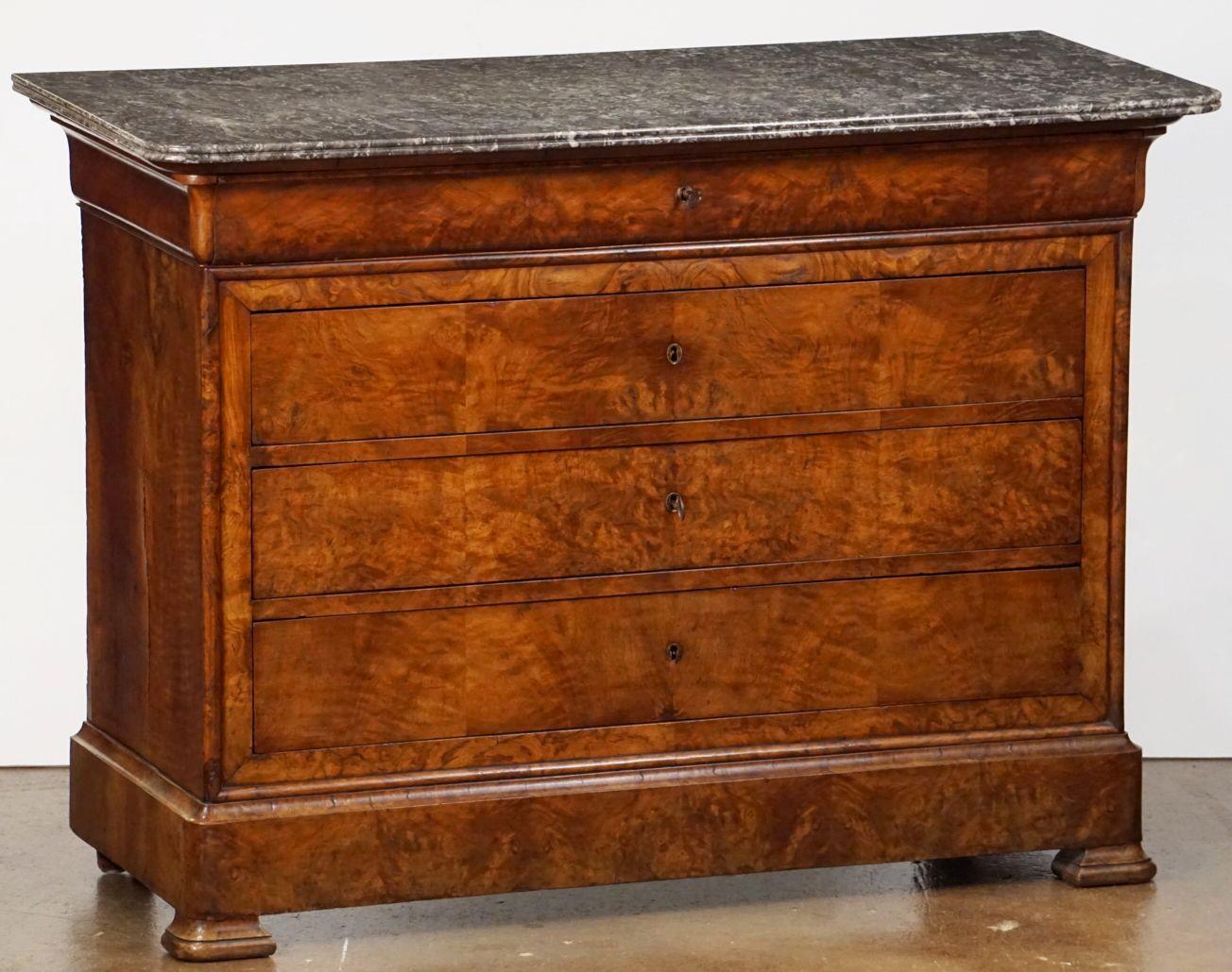 19th Century Louis Philippe Chest or Commode of Burr Walnut with Marble Top from France