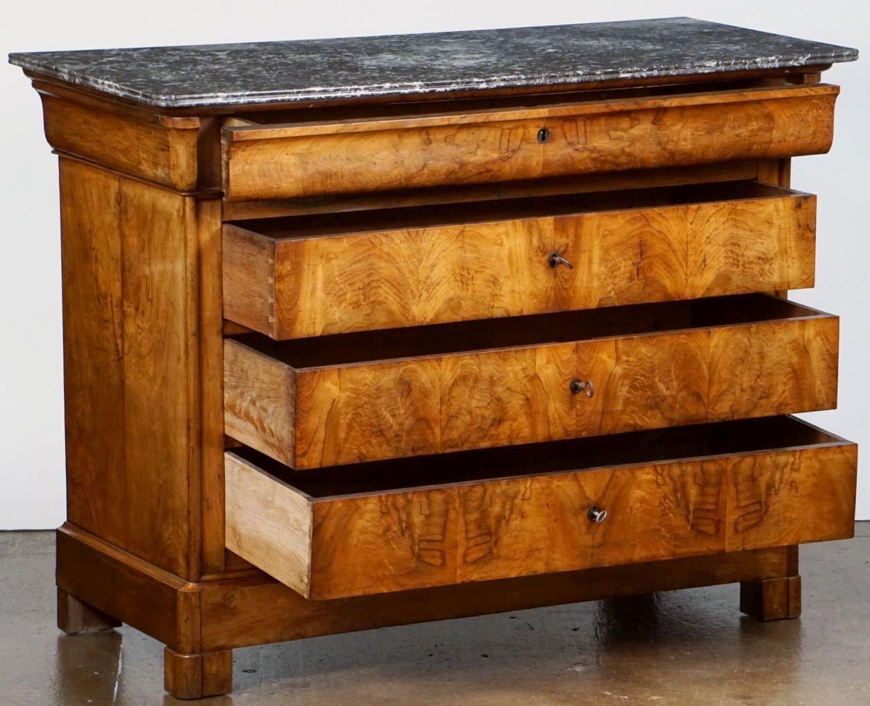 Brass Louis Philippe Chest or Commode of Burr Walnut with Marble Top from France