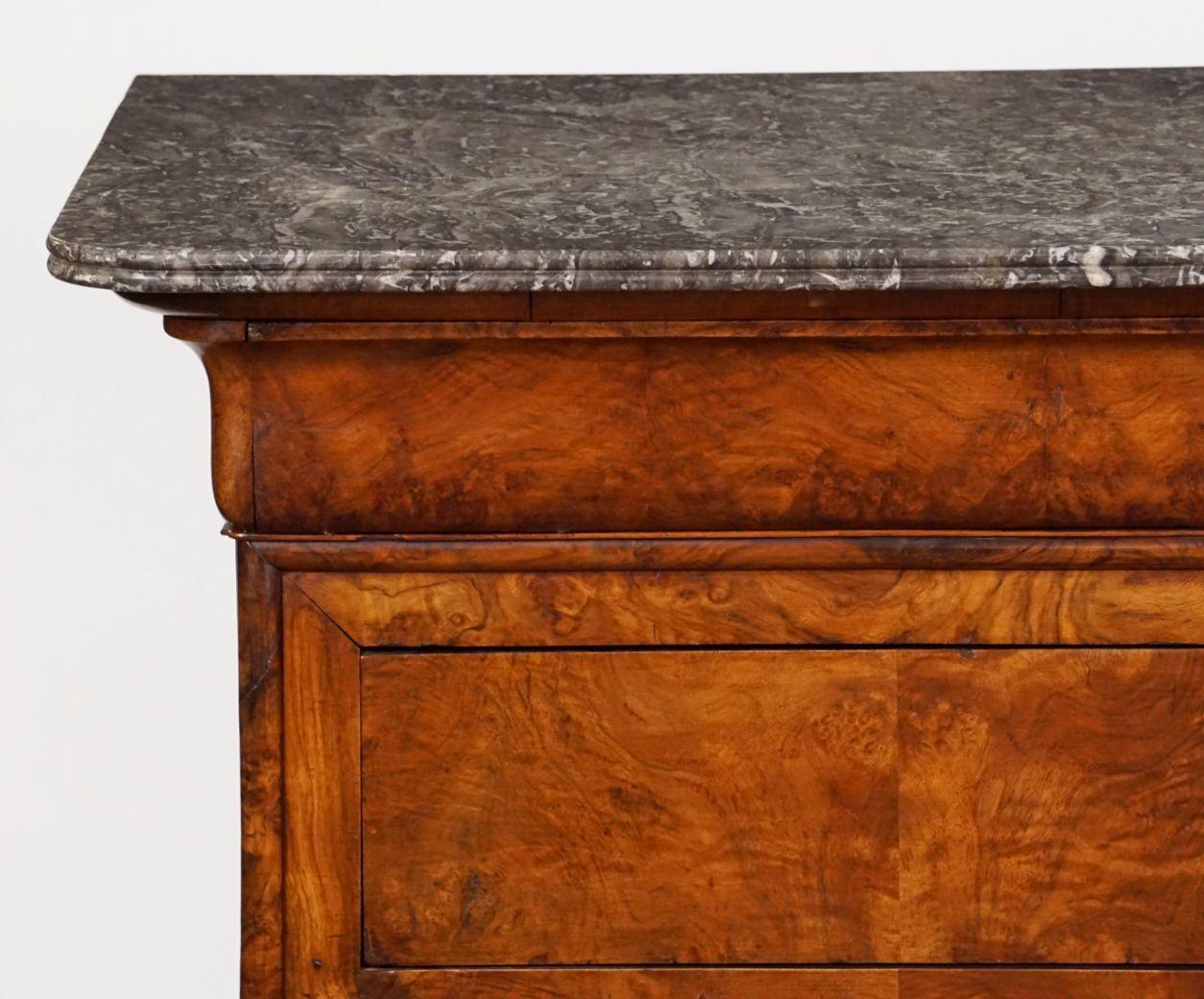 Metal Louis Philippe Chest or Commode of Burr Walnut with Marble Top from France