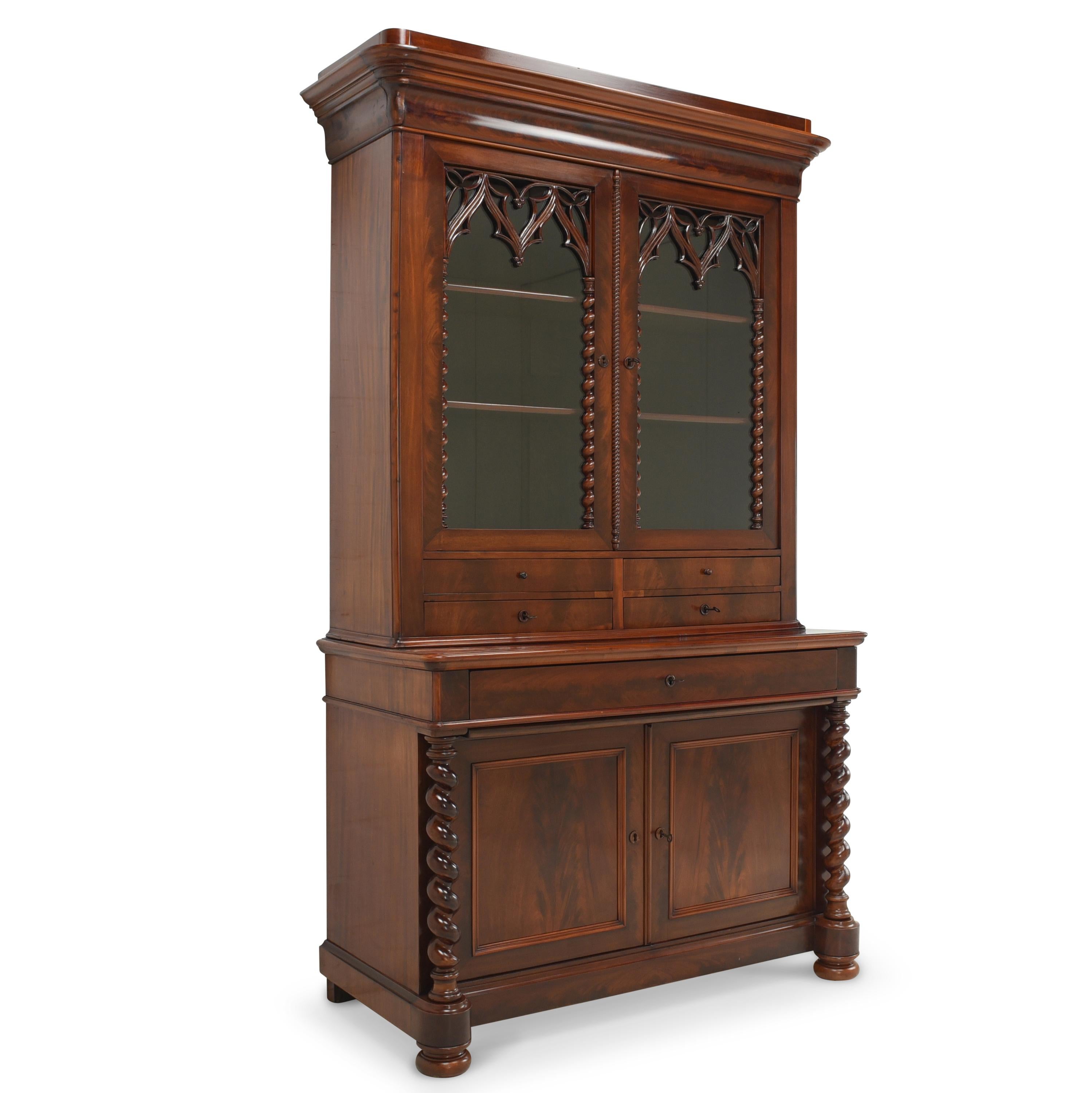 Display cabinet Louis Philippe restored circa 1880 mahogany buffet cabinet

Features:
Two-door base with height-adjustable shelf, drawer and pull-out board
Two-door top with two height-adjustable shelves and four drawers
Very high quality