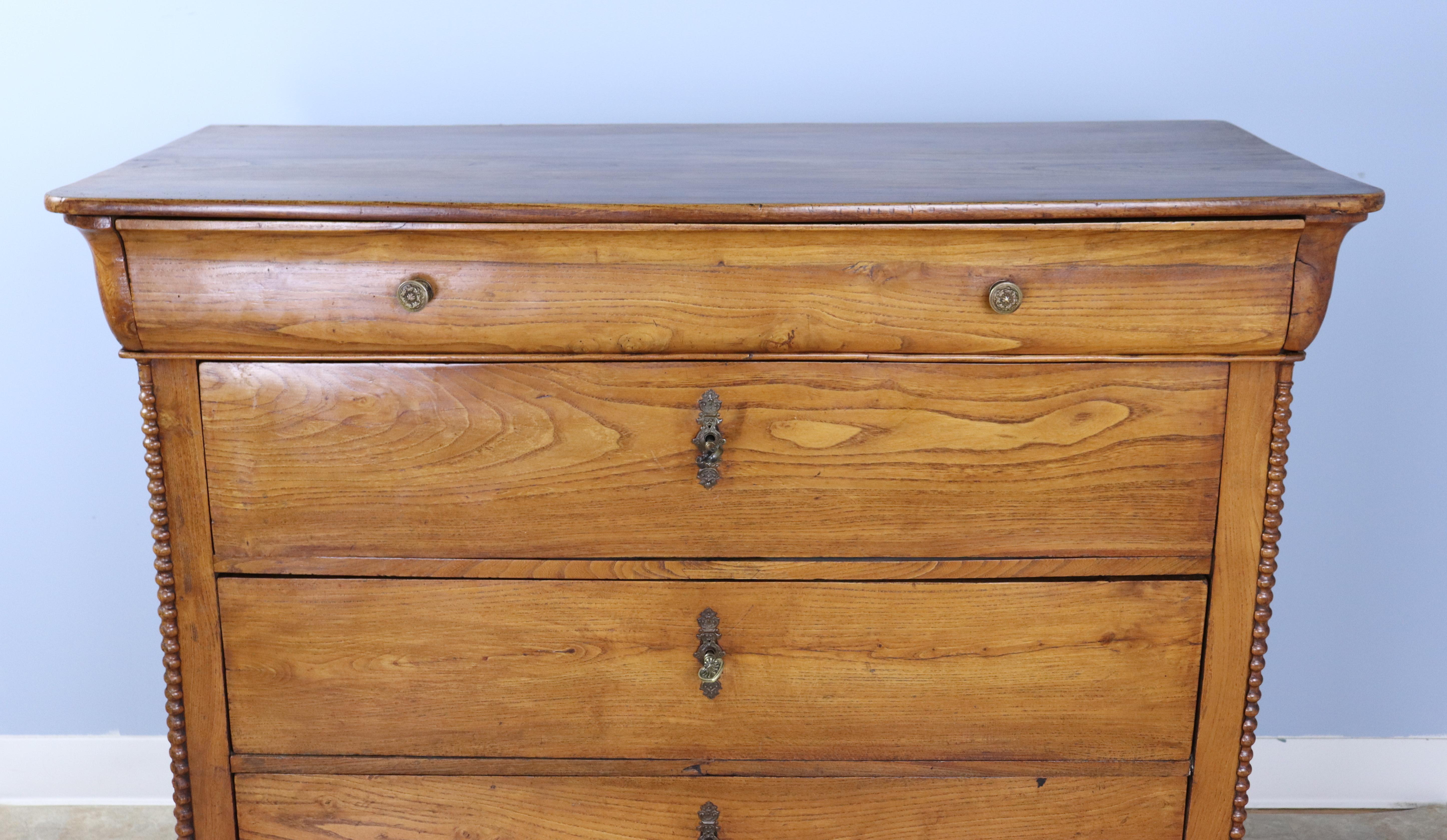 19th Century Louis Philippe Elm Commode with Bobbin Turned Columns