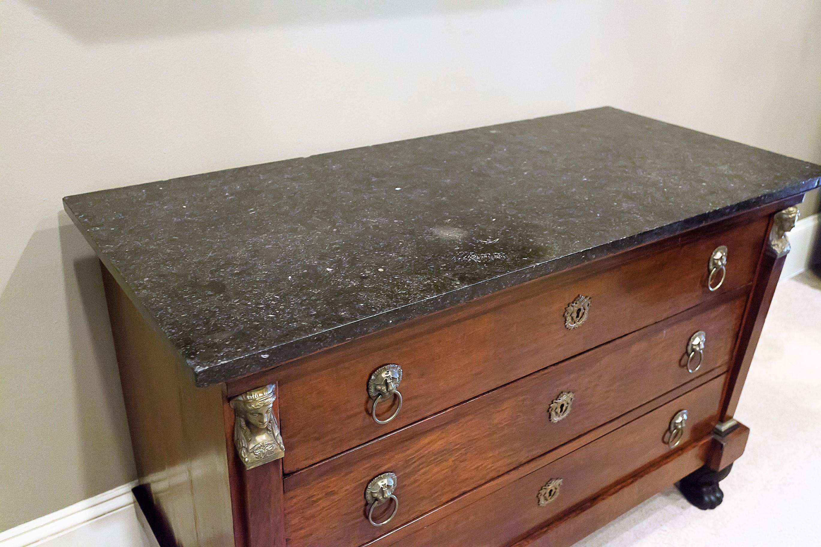 French Louis Philippe Empire Style Stone Top Three-Drawer Commode, France, circa 1840 For Sale
