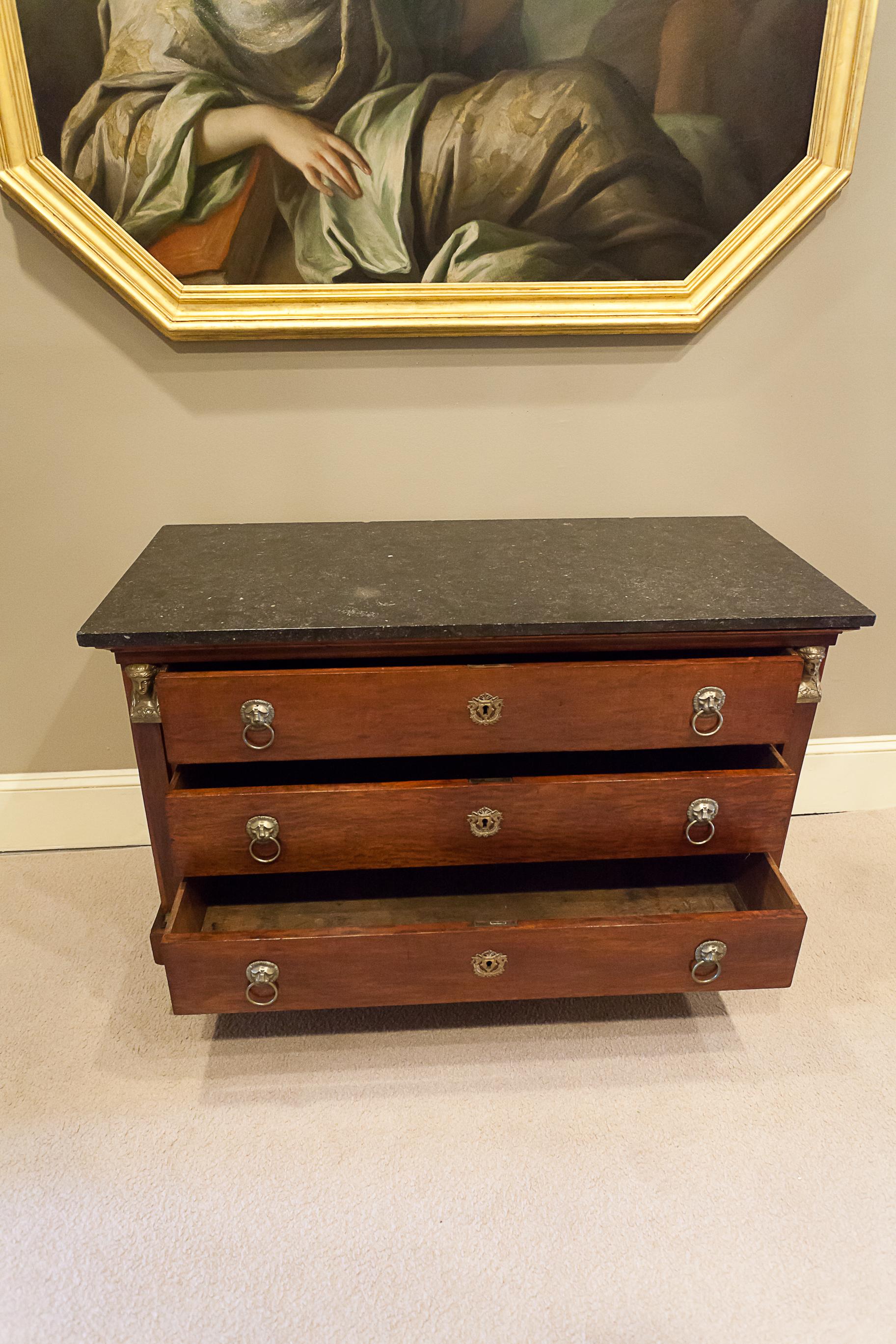 Louis Philippe Empire Style Stone Top Three-Drawer Commode, France, circa 1840 For Sale 2