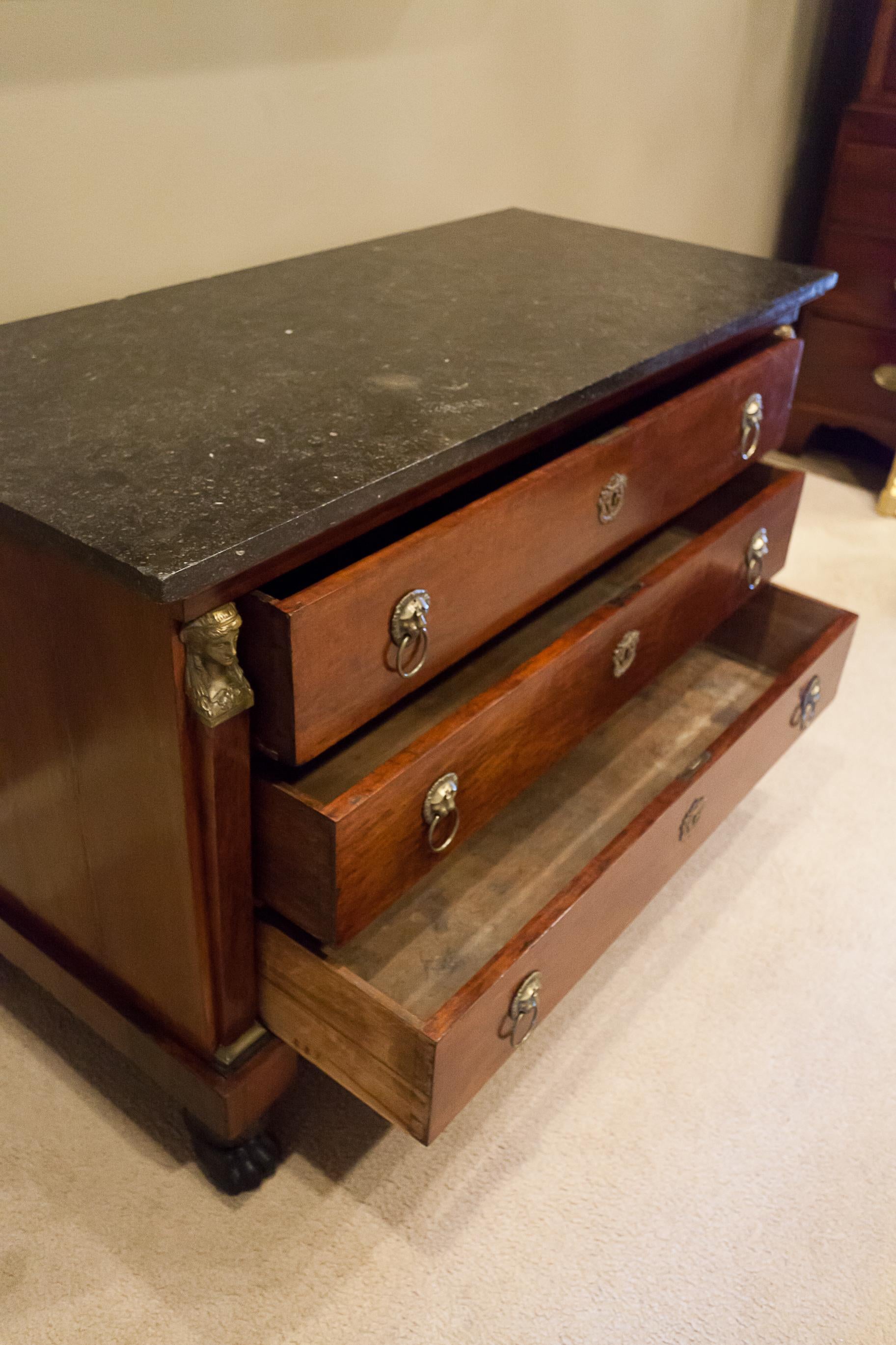 Louis Philippe Empire Style Stone Top Three-Drawer Commode, France, circa 1840 For Sale 3