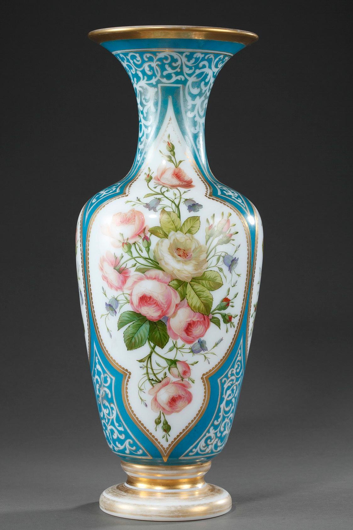 French Louis-Philippe enameled opaline pair of vases For Sale