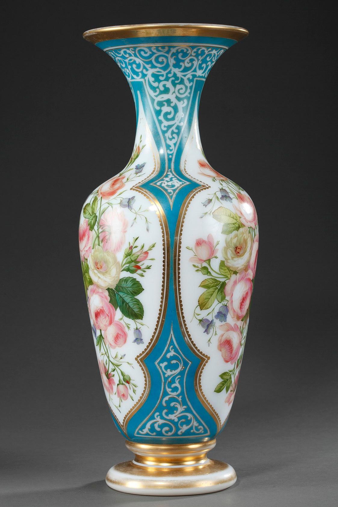 Enameled Louis-Philippe enameled opaline pair of vases For Sale