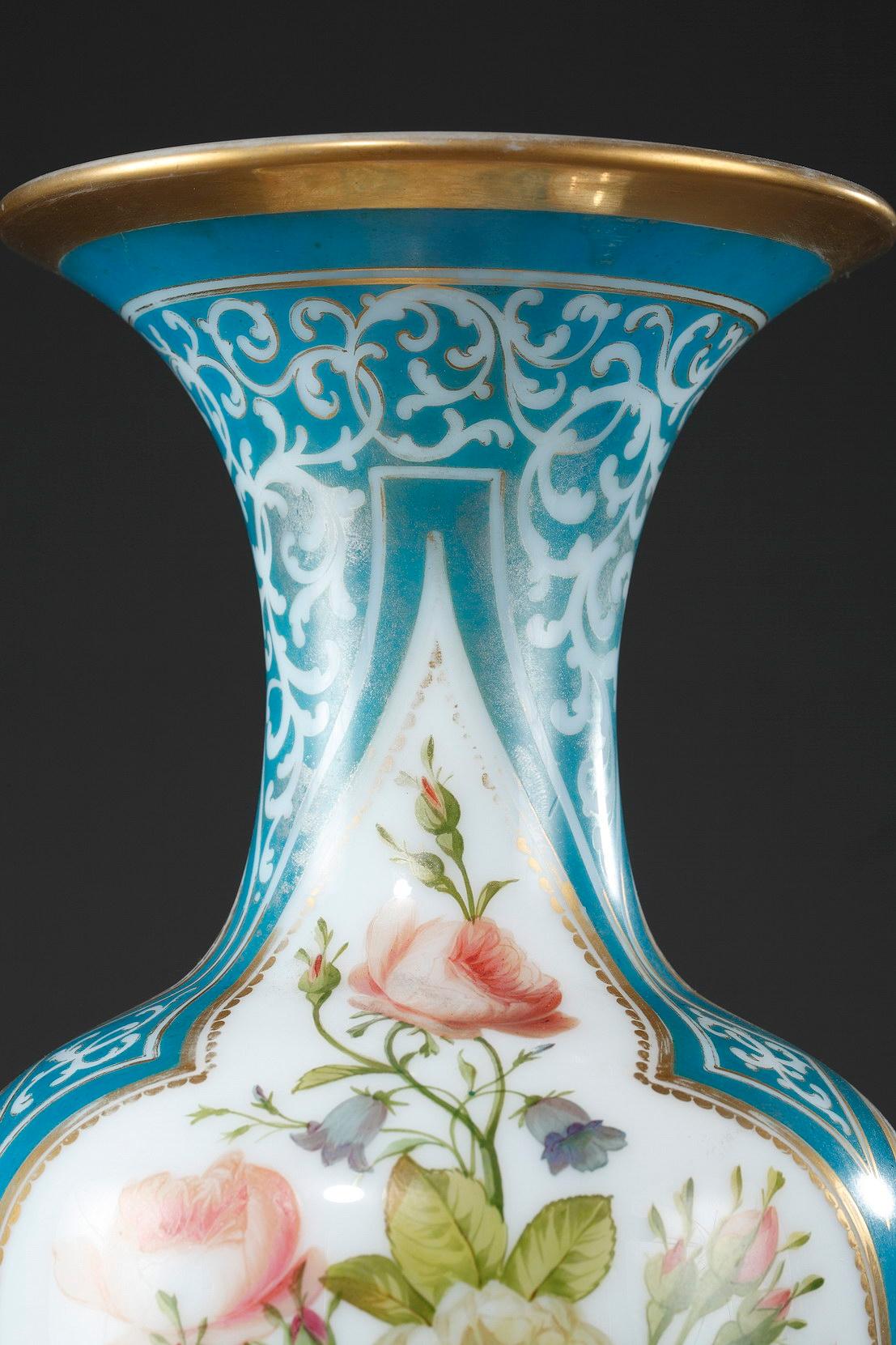 Blown Glass Louis-Philippe enameled opaline pair of vases For Sale