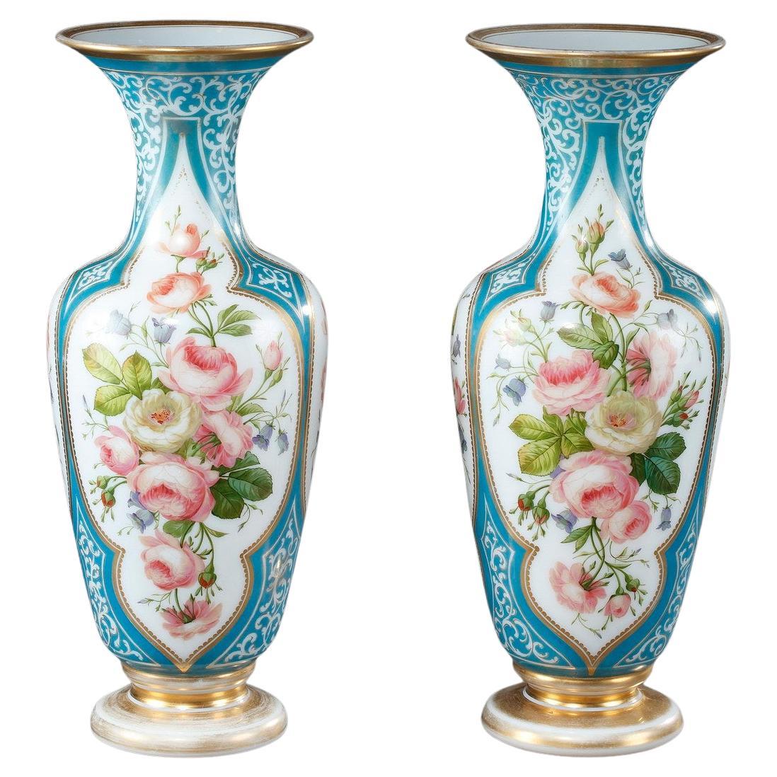 Louis-Philippe enameled opaline pair of vases For Sale