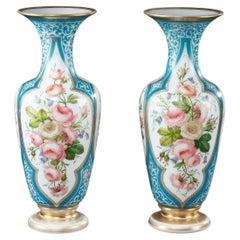 Antique Louis-Philippe enameled opaline pair of vases