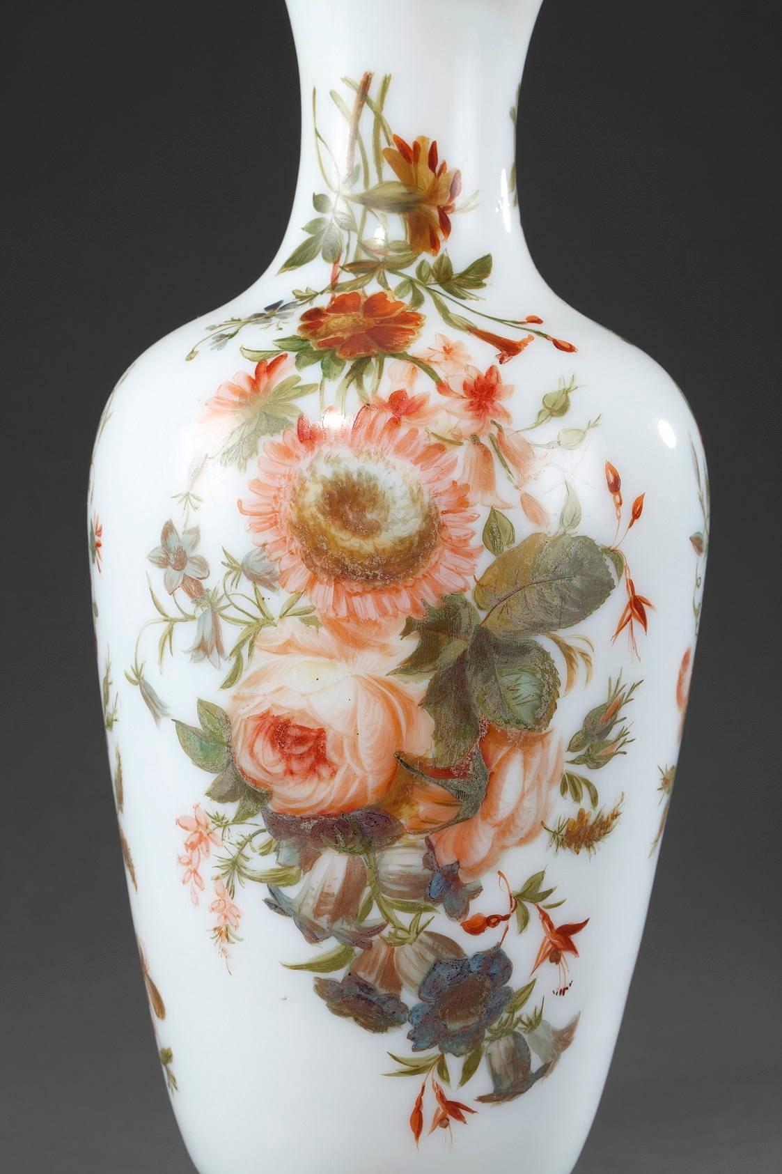 Painted Louis-Philippe Enameled Opaline Vases For Sale