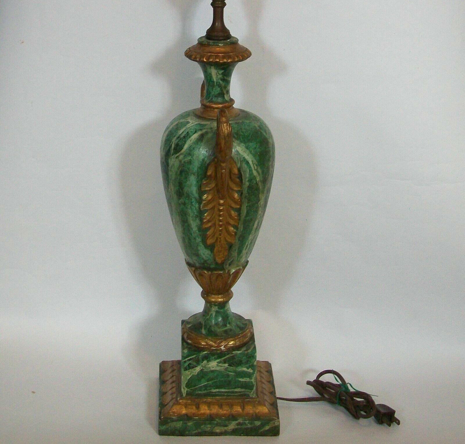 Hollywood Regency Louis Philippe Faux Marble & Giltwood Lamp, Dolphin Handles, Italy, C.1950 For Sale