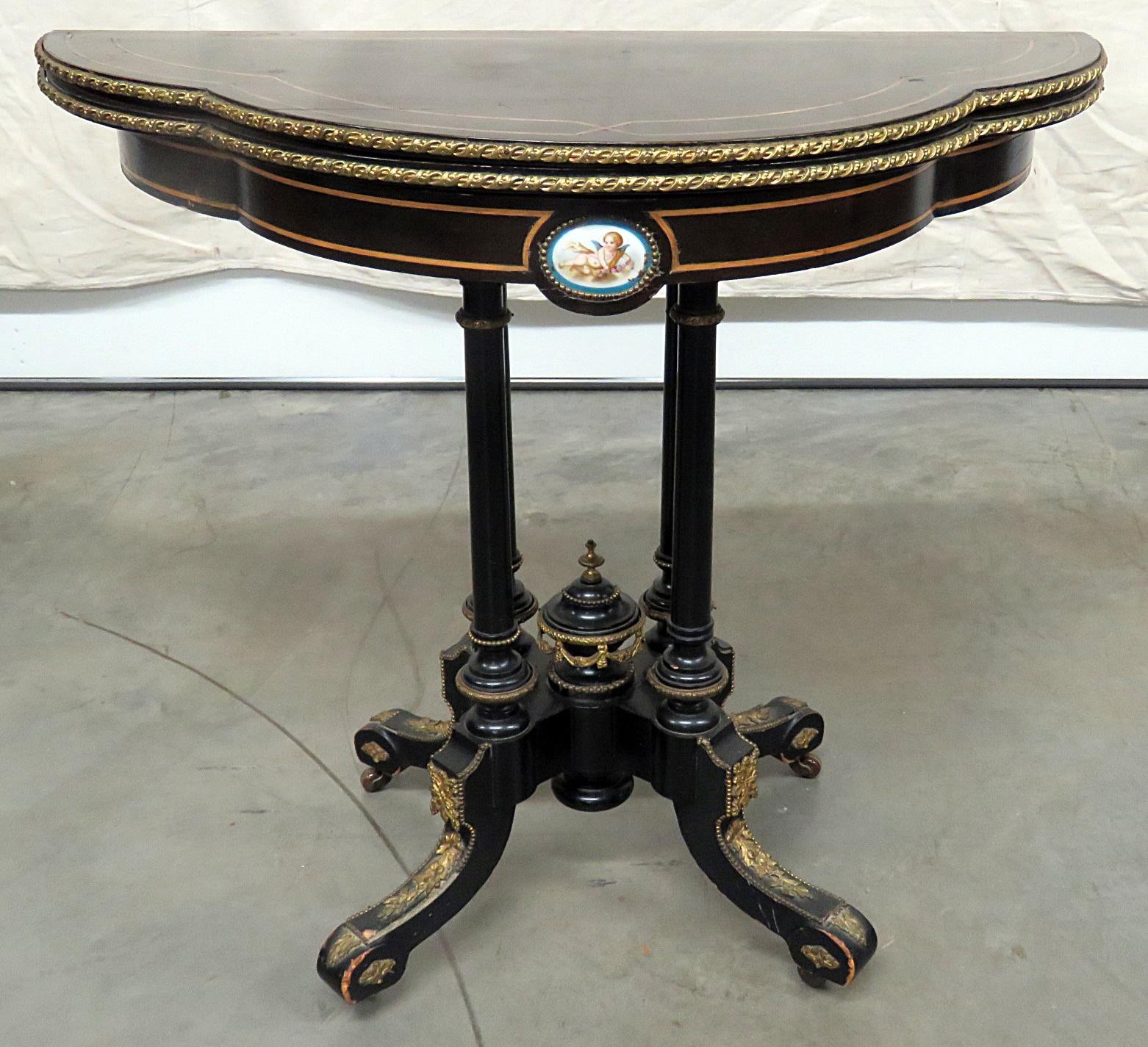 Louis Philippe paint decorated leather top card table with bronze accents. 36