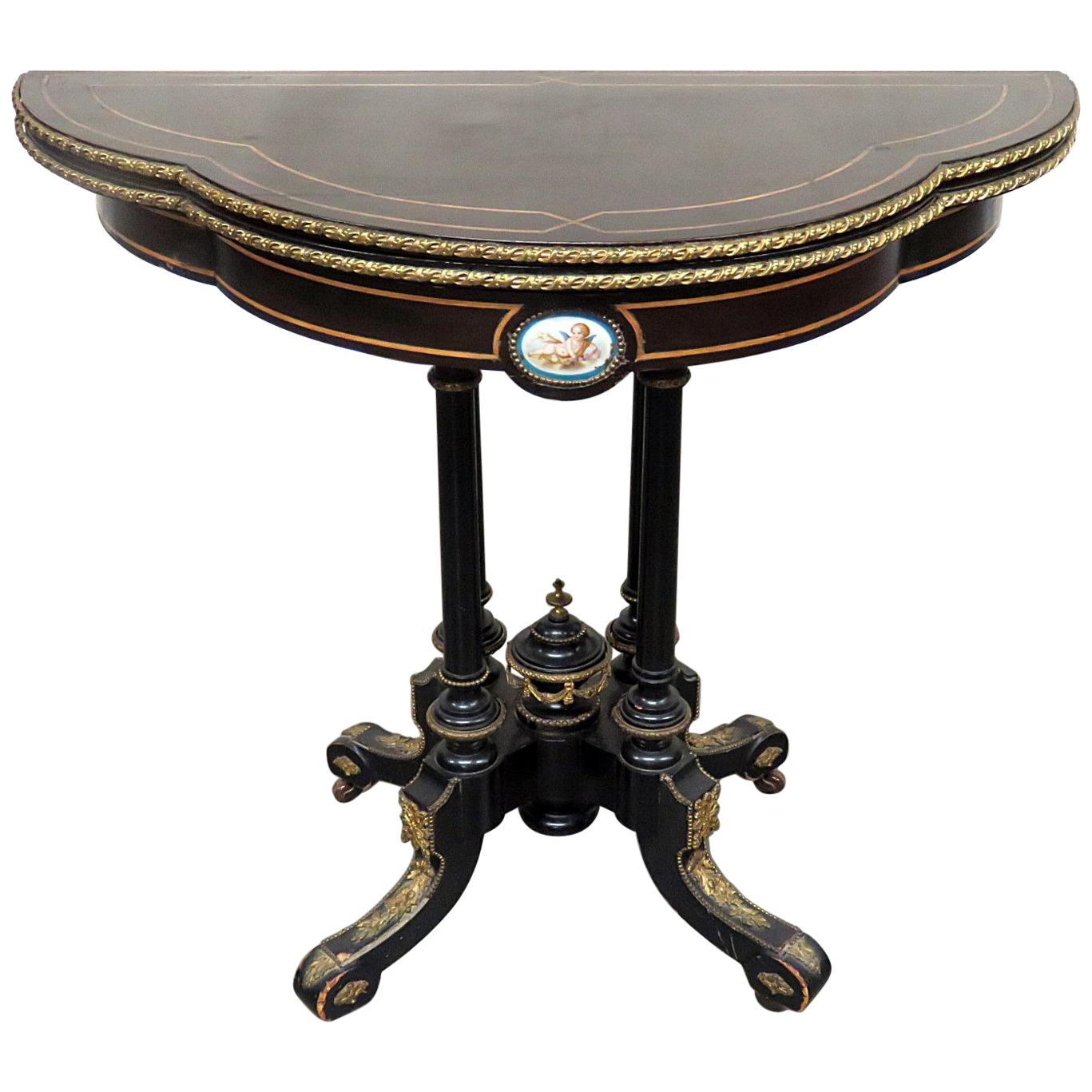 Ebonized Louis Philippe Flip Top Card Games Table With Sevres Plaque
