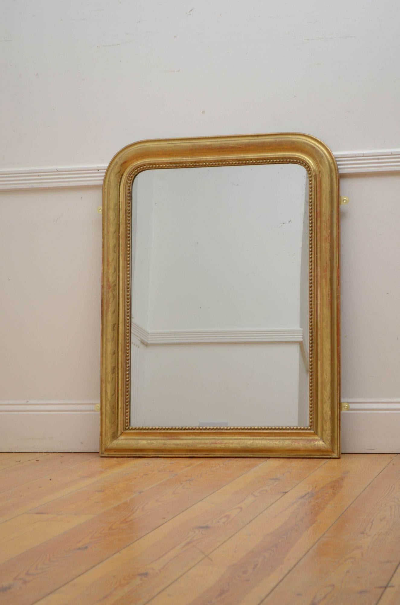 Sn5480 Attractive XIXth century gilt wall or pier mirror, having original glass with some imperfections in beaded and moulded frame with etched floral decoration. This antique mirror retains original gilt, glass and backboards, all in home ready