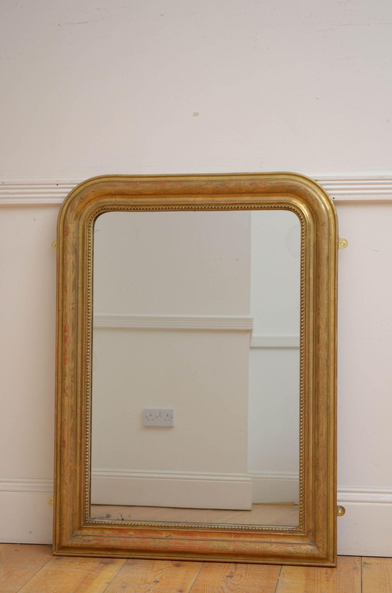 Sn5408 Attractive XIXth century gilt wall or pier mirror, having original glass with some imperfections in beaded and moulded frame with etched floral decoration. This antique mirror retains original gilt, glass and backboards, all in home ready