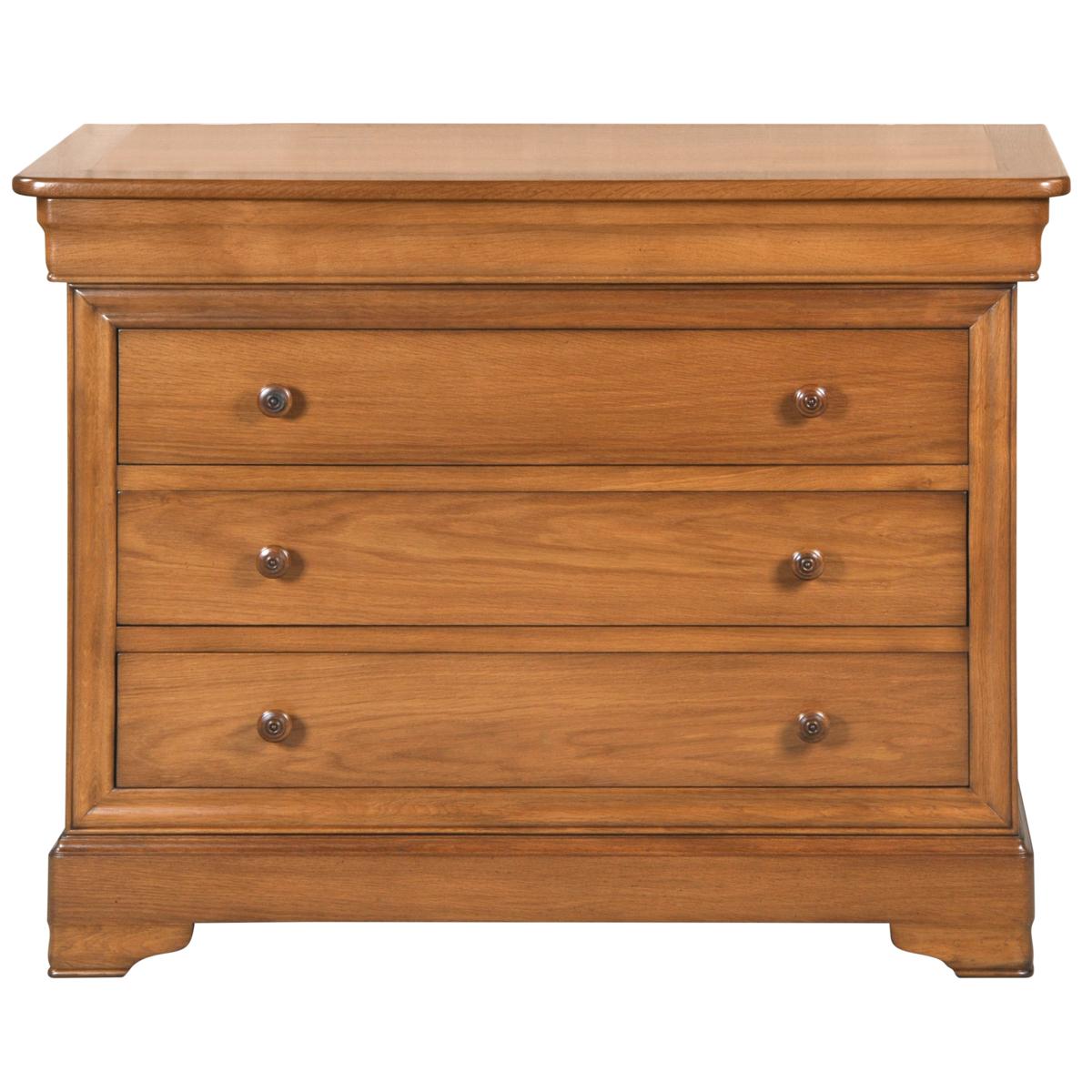 This chest of drawers is a handmade reproduction of the French Louis Philippe Style in the mid 19th century in France caracterized by its curved moldings, hand-curved feet and rounded design.

This French Commode features 4 large drawers including