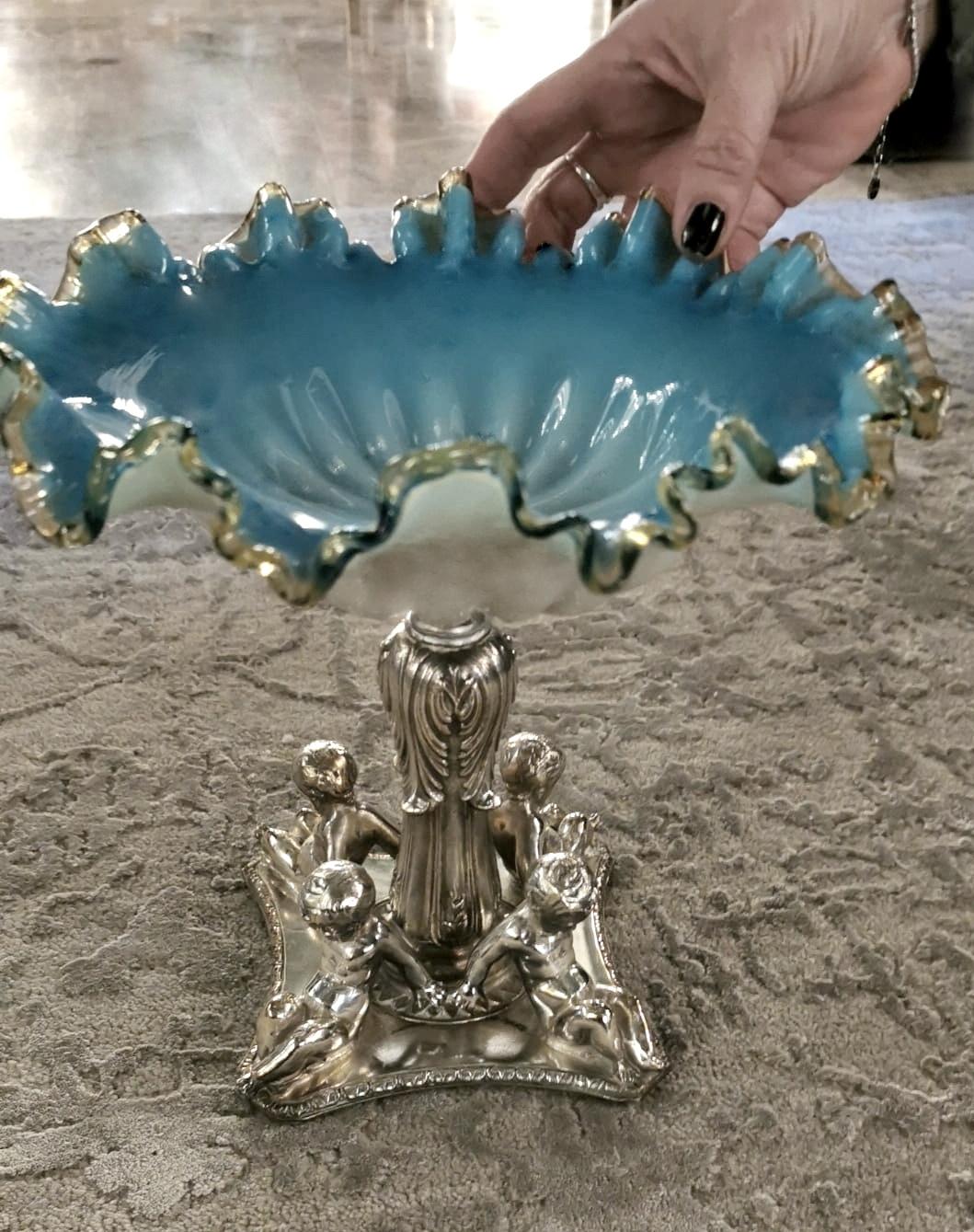 Louis Philippe French Silver Plated Opaline Glass Bowl Centerpiece For Sale 11