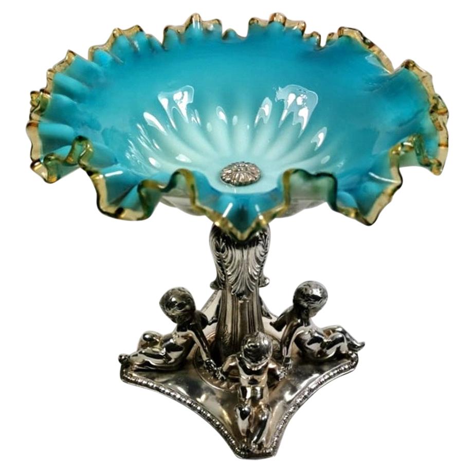 Louis Philippe French Silver Plated Opaline Glass Bowl Centerpiece For Sale