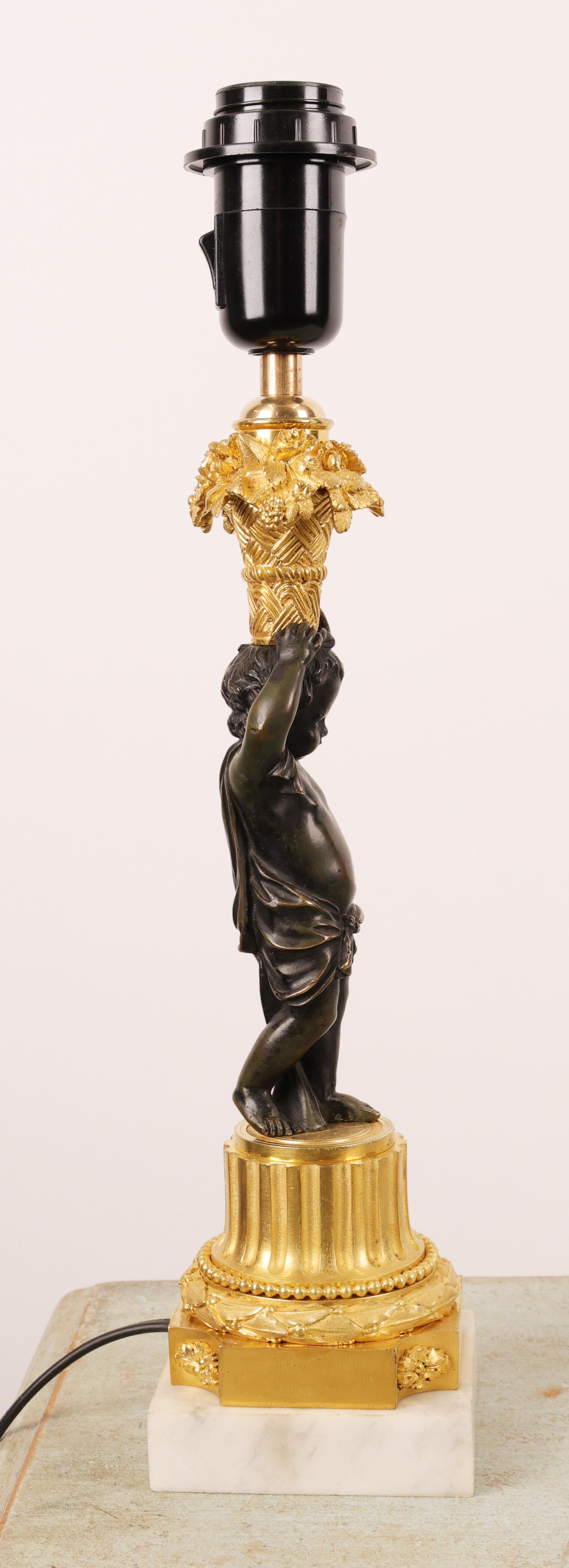 Gilt Louis Philippe Gilded and Patinated Bronze Lamp Base with Carrara Marble For Sale