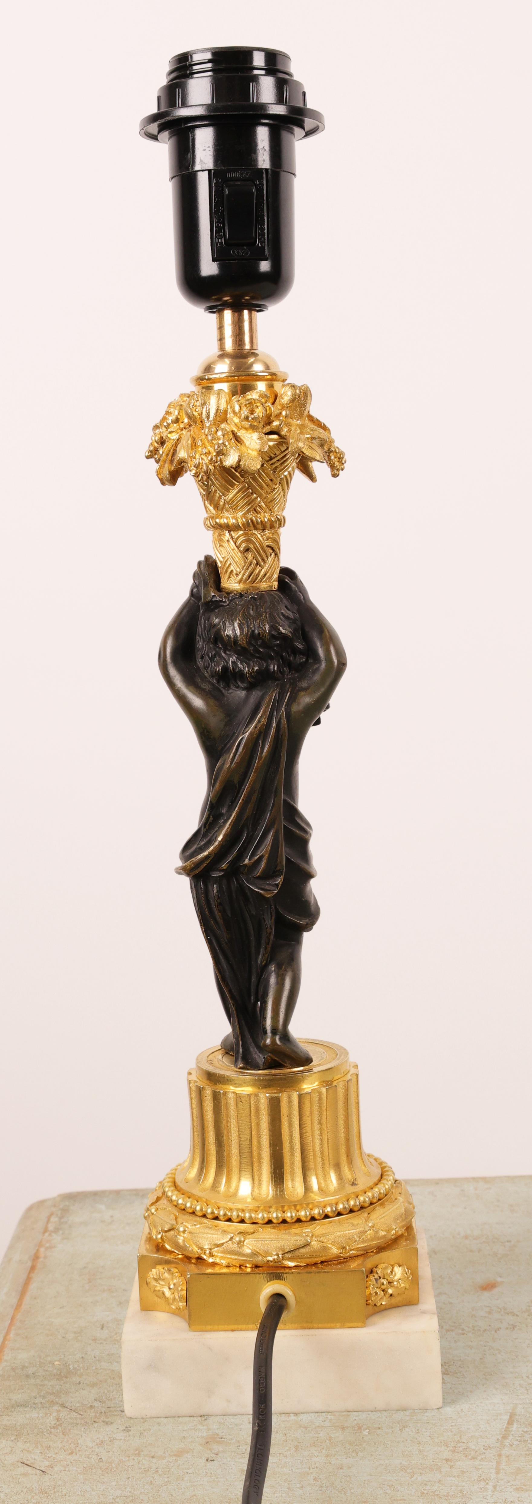 19th Century Louis Philippe Gilded and Patinated Bronze Lamp Base with Carrara Marble For Sale