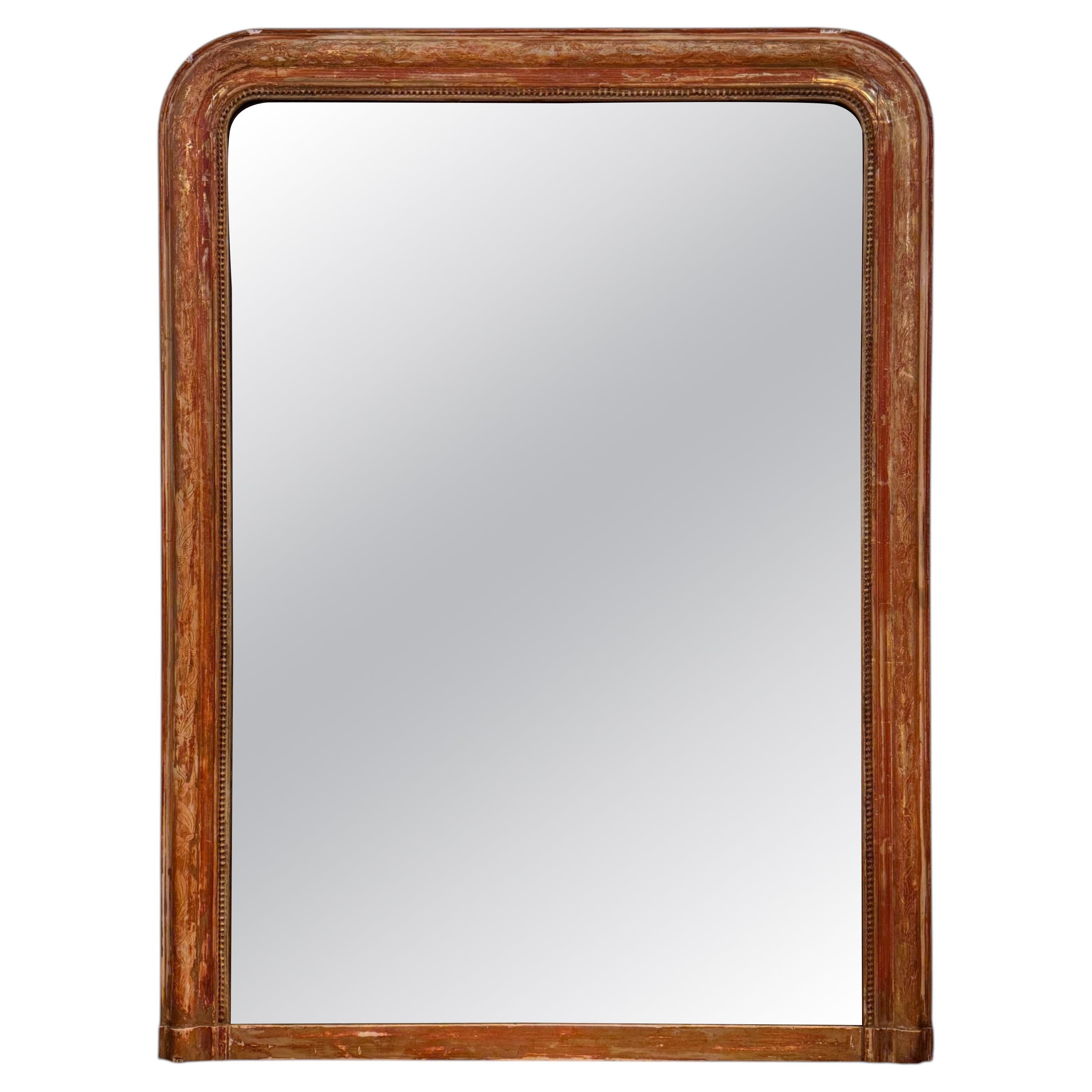 Specchio Louis Philippe in legno dorato con rivestimento interno in perline