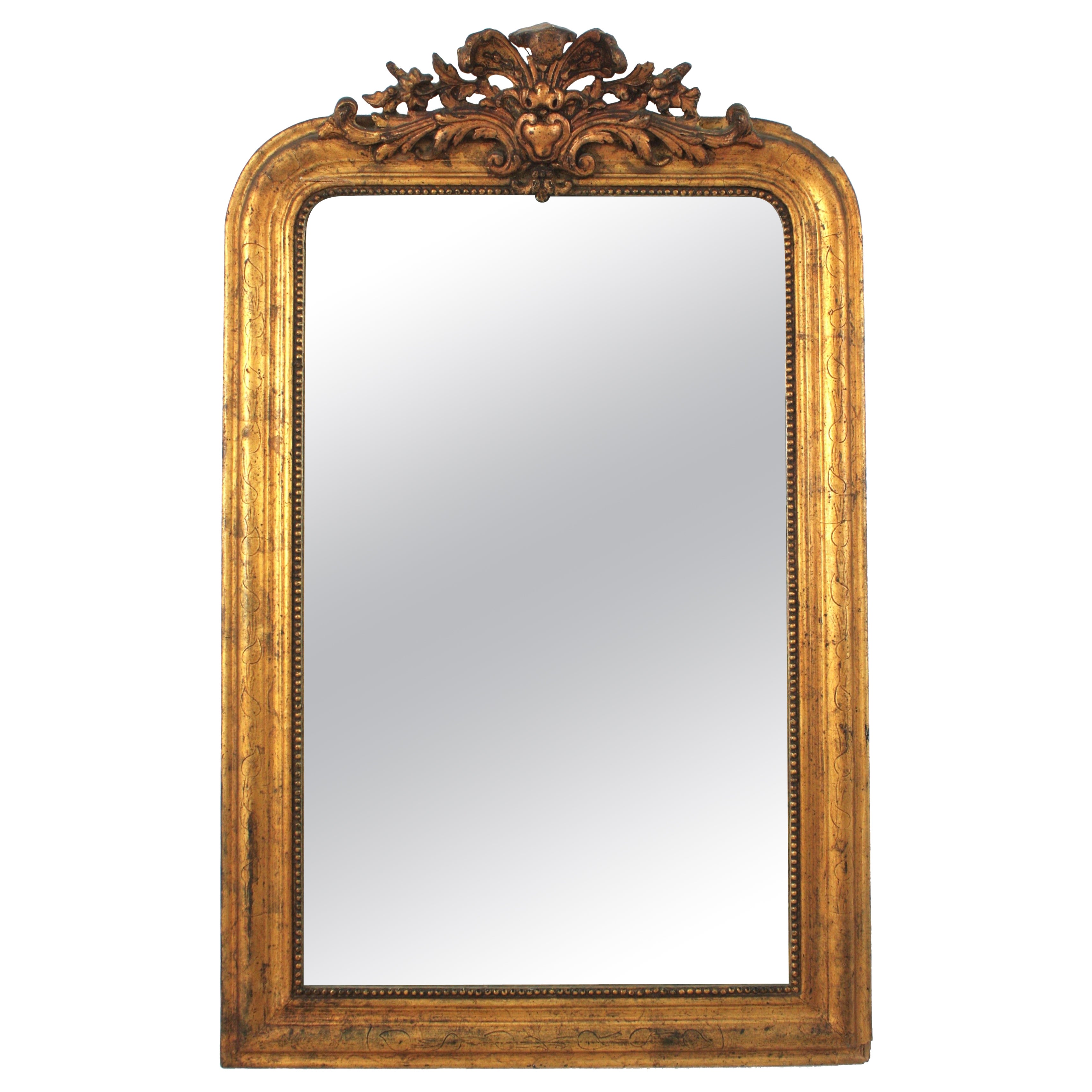 Louis Philippe Gold Leaf Giltwood Mirror with Foliage Crest