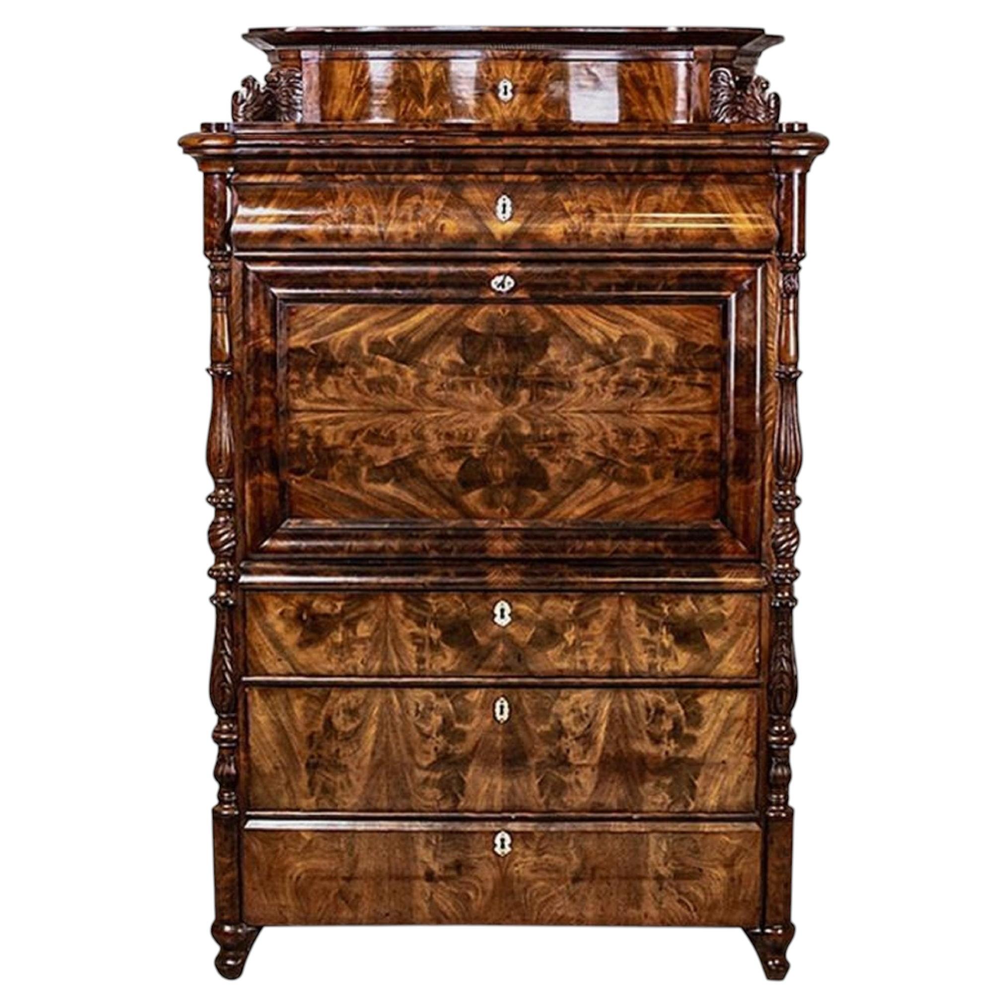 Louis Philippe Mahogany Secretary Desk, Antique French Design, 1850