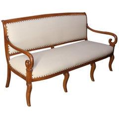 Antique Louis Philippe Mahogany Settee with Belgian Linen and Nailhead Trim