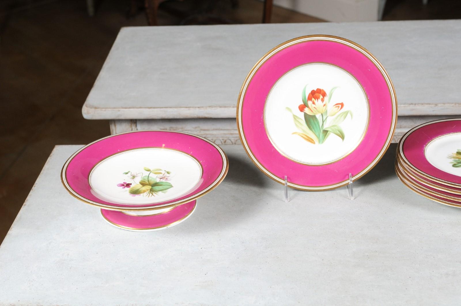 Louis Philippe Louis-Philippe Paris Porcelain Fuschia Service Plates and Compotes, Sold Each For Sale