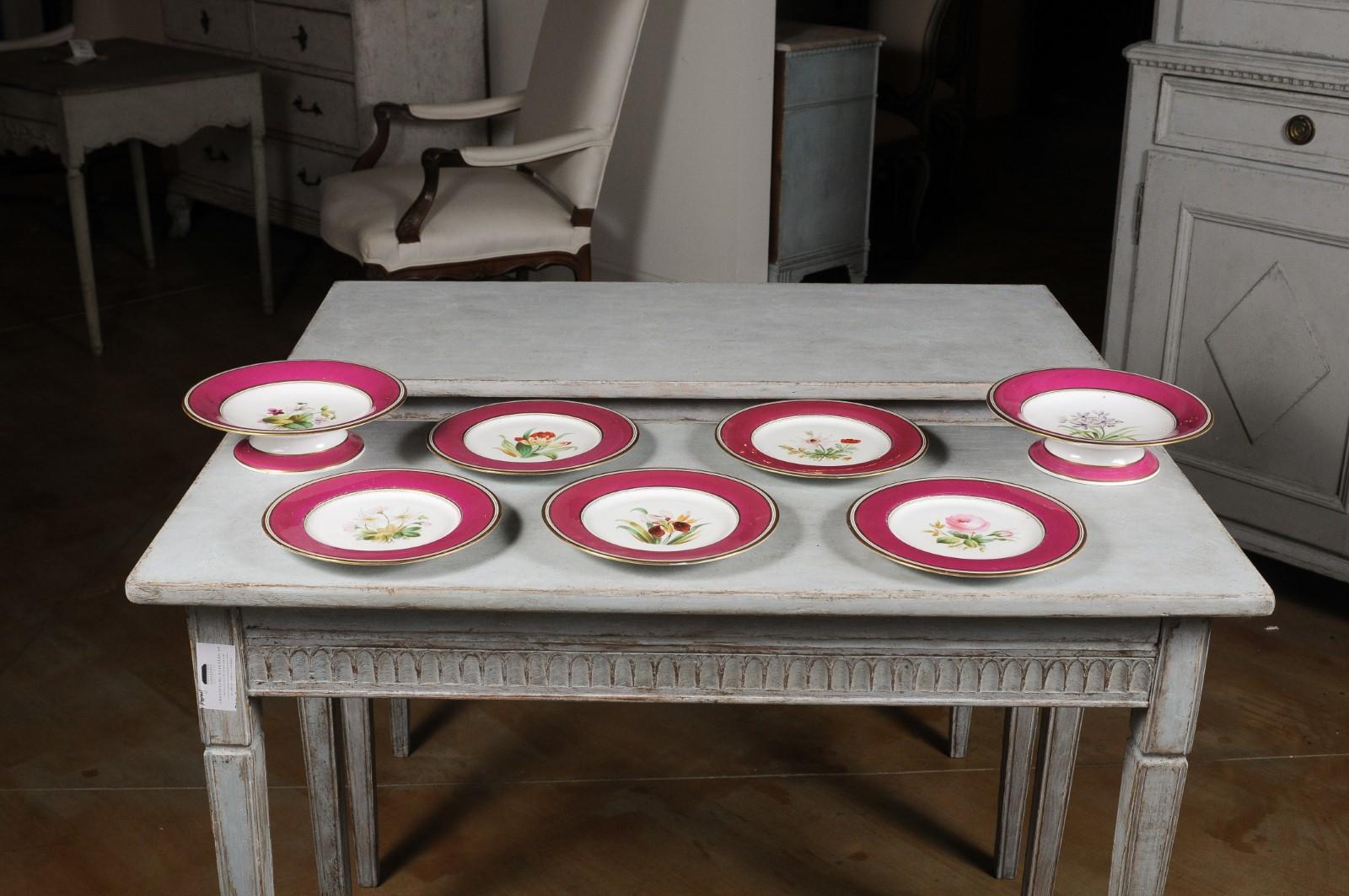 Louis-Philippe Paris Porcelain Fuschia Service Plates and Compotes, Sold Each In Good Condition For Sale In Atlanta, GA