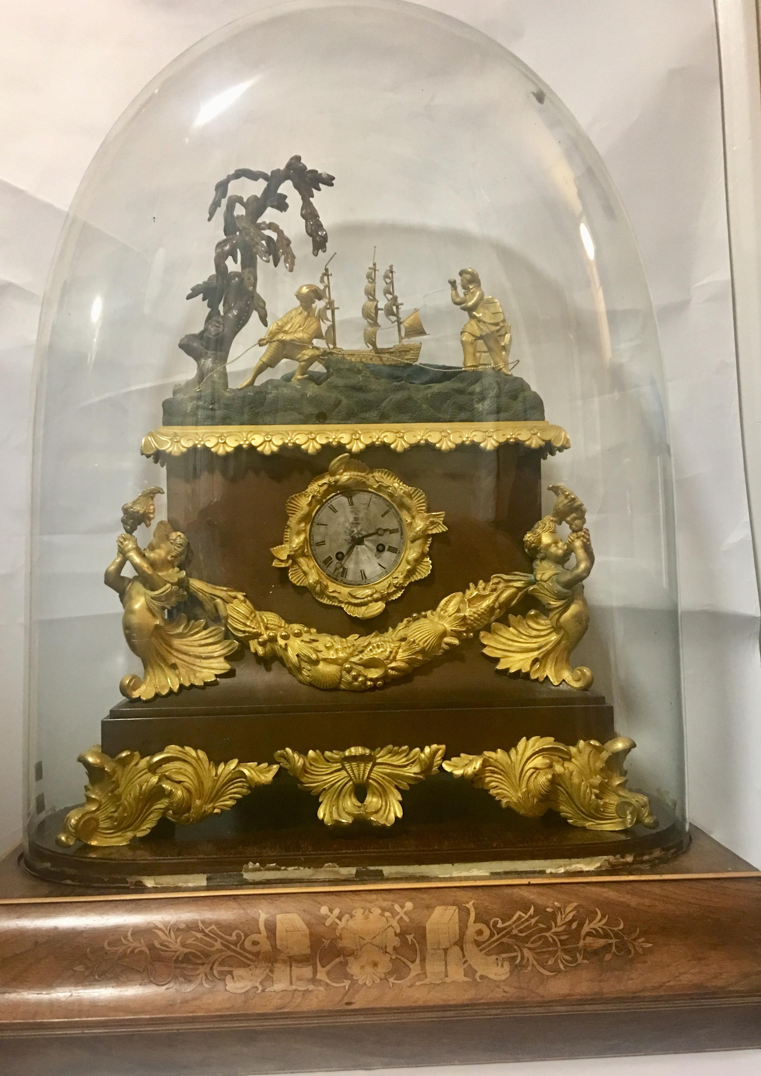 Mid-19th Century Mid 19th Century Louis Philippe Ships Automaton Clock under a Glass Dome