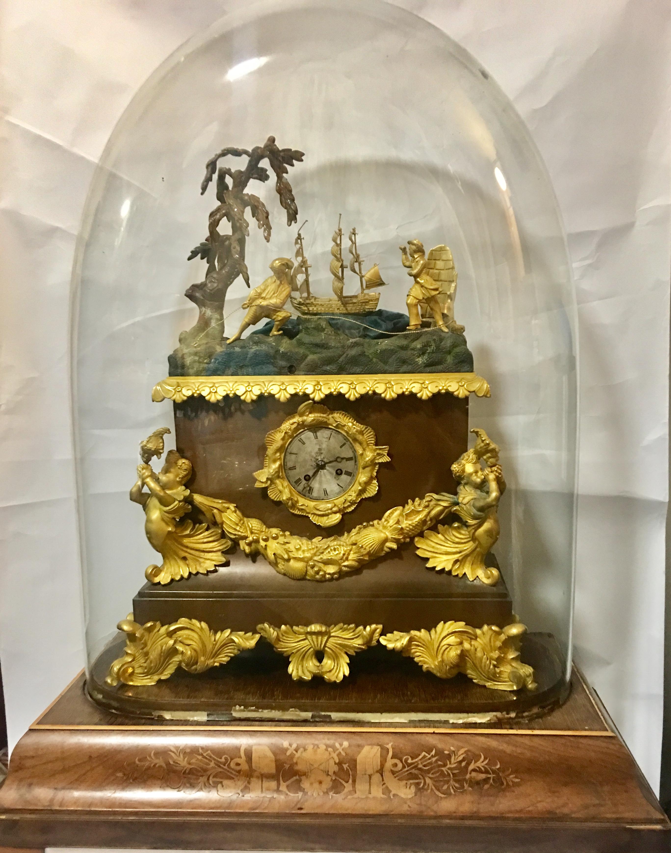 Bronze Mid 19th Century Louis Philippe Ships Automaton Clock under a Glass Dome