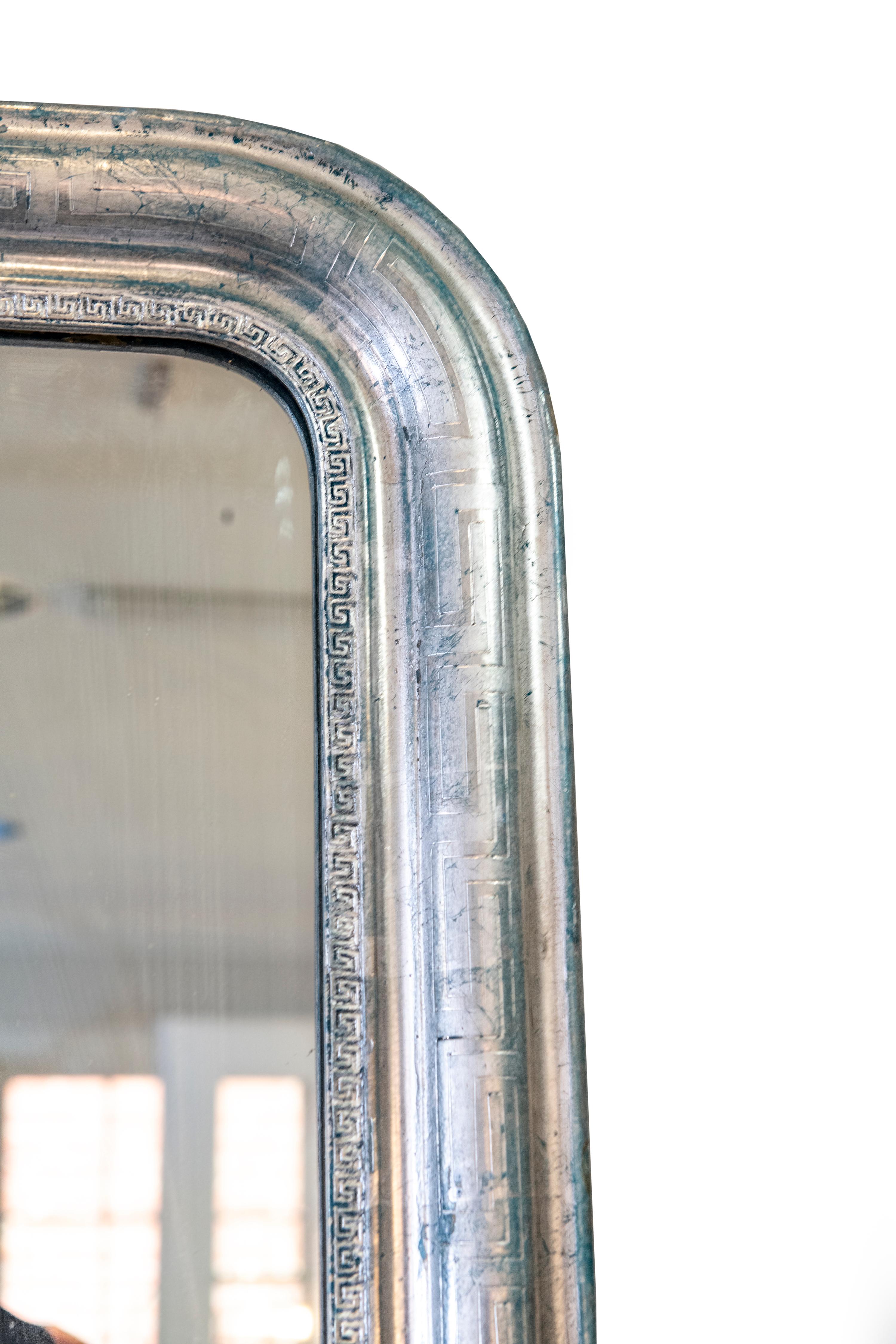 French Louis Philippe Silver Leaf Mirror with Greek Key Decoration For Sale